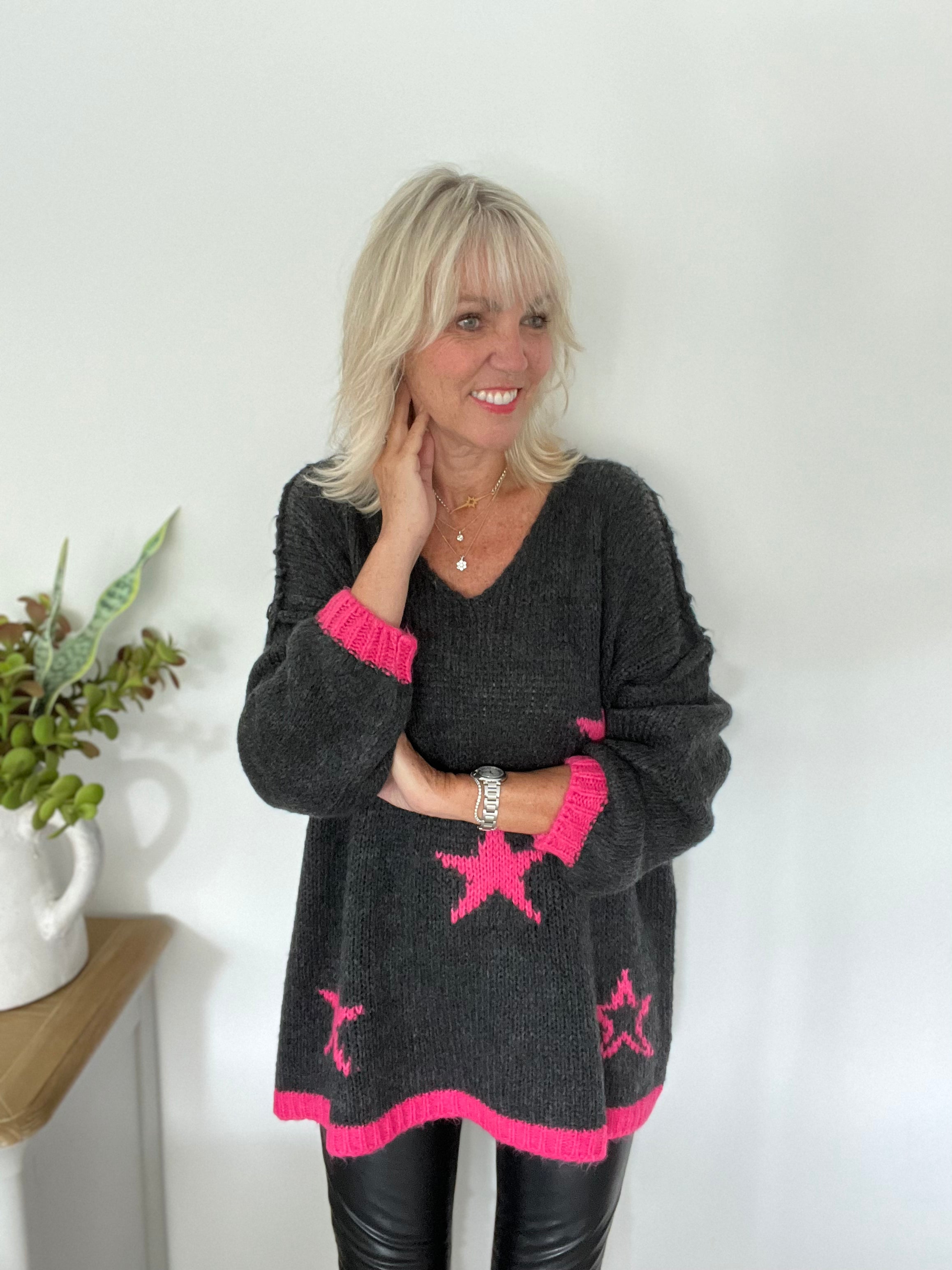 Multi Star Jumper in Charcoal & Pink