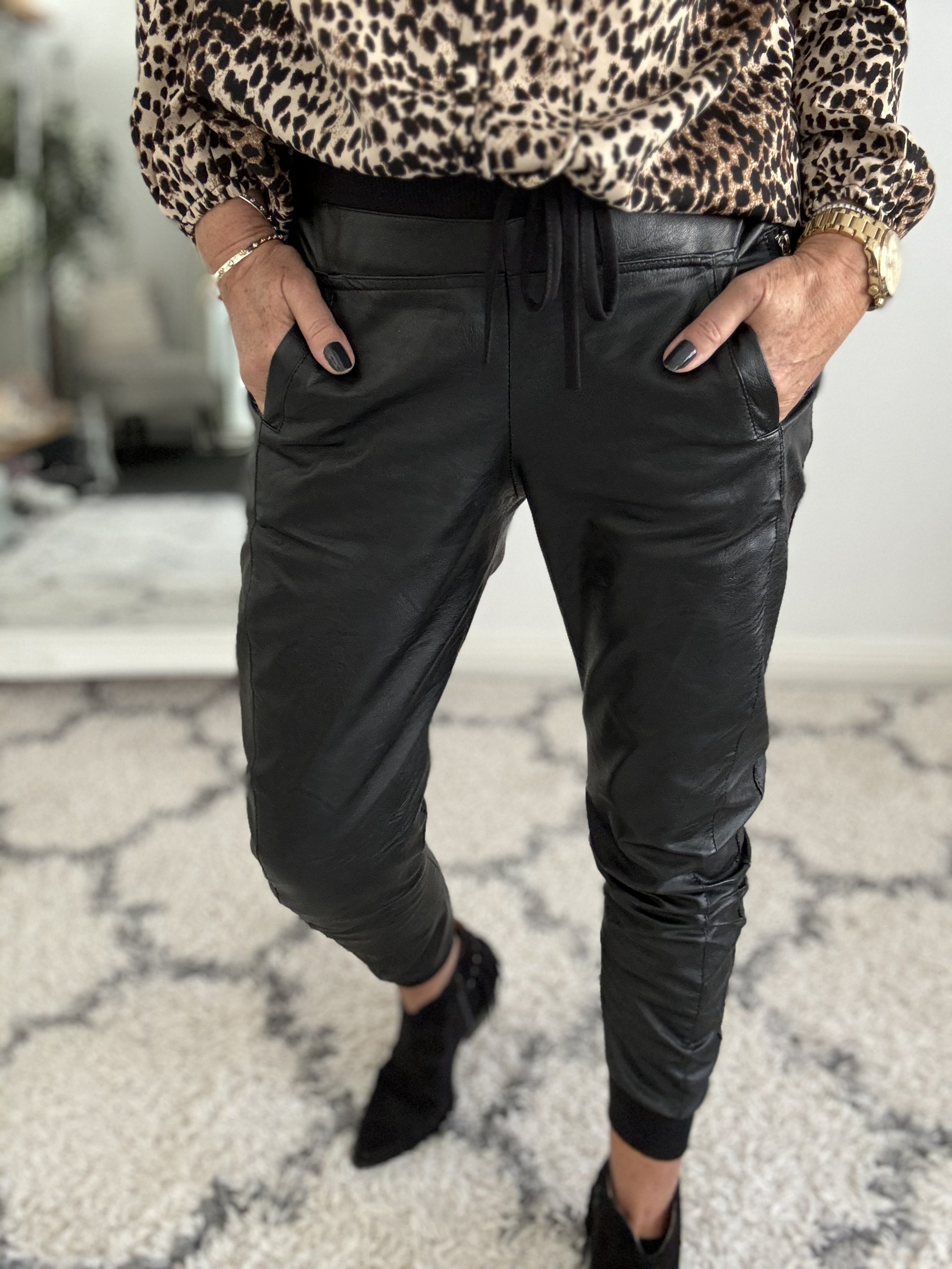 Black joggers leather sale