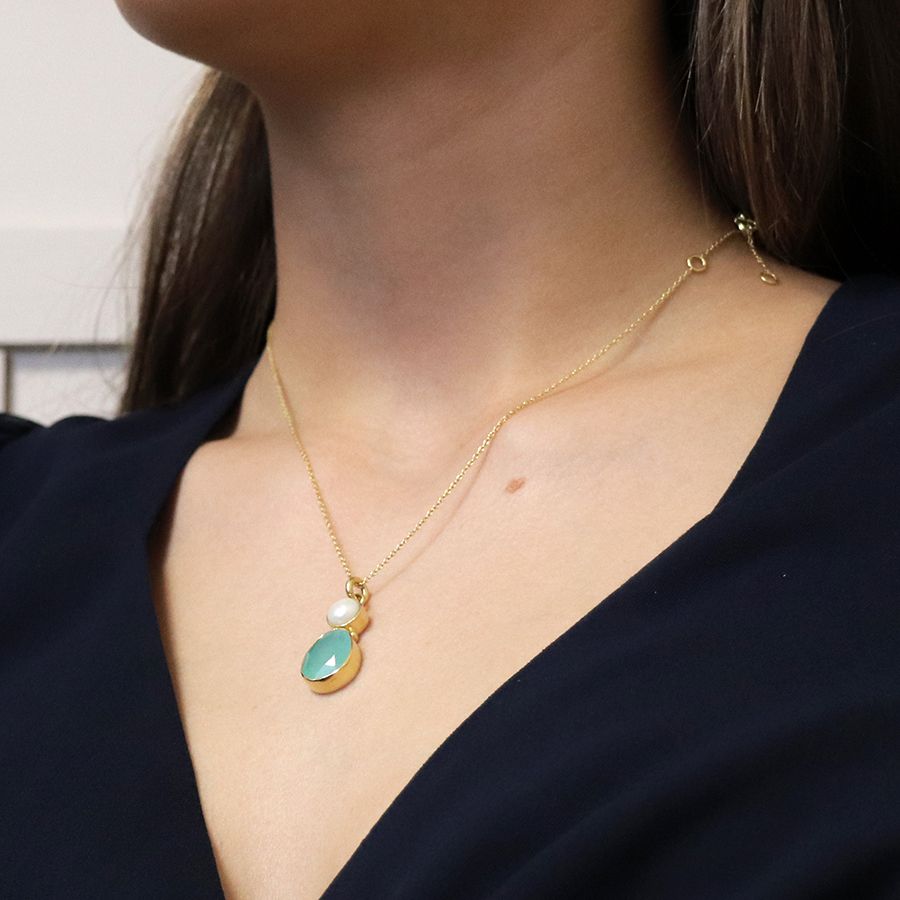 14ct Gold Plated Pearl & Aqua Chalcedony  Necklace