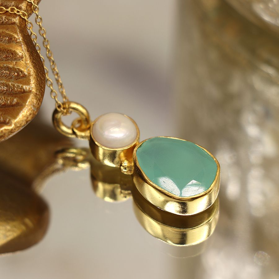 14ct Gold Plated Pearl & Aqua Chalcedony  Necklace