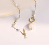 T Bar Necklace with Large Freshwater Pearl Drop