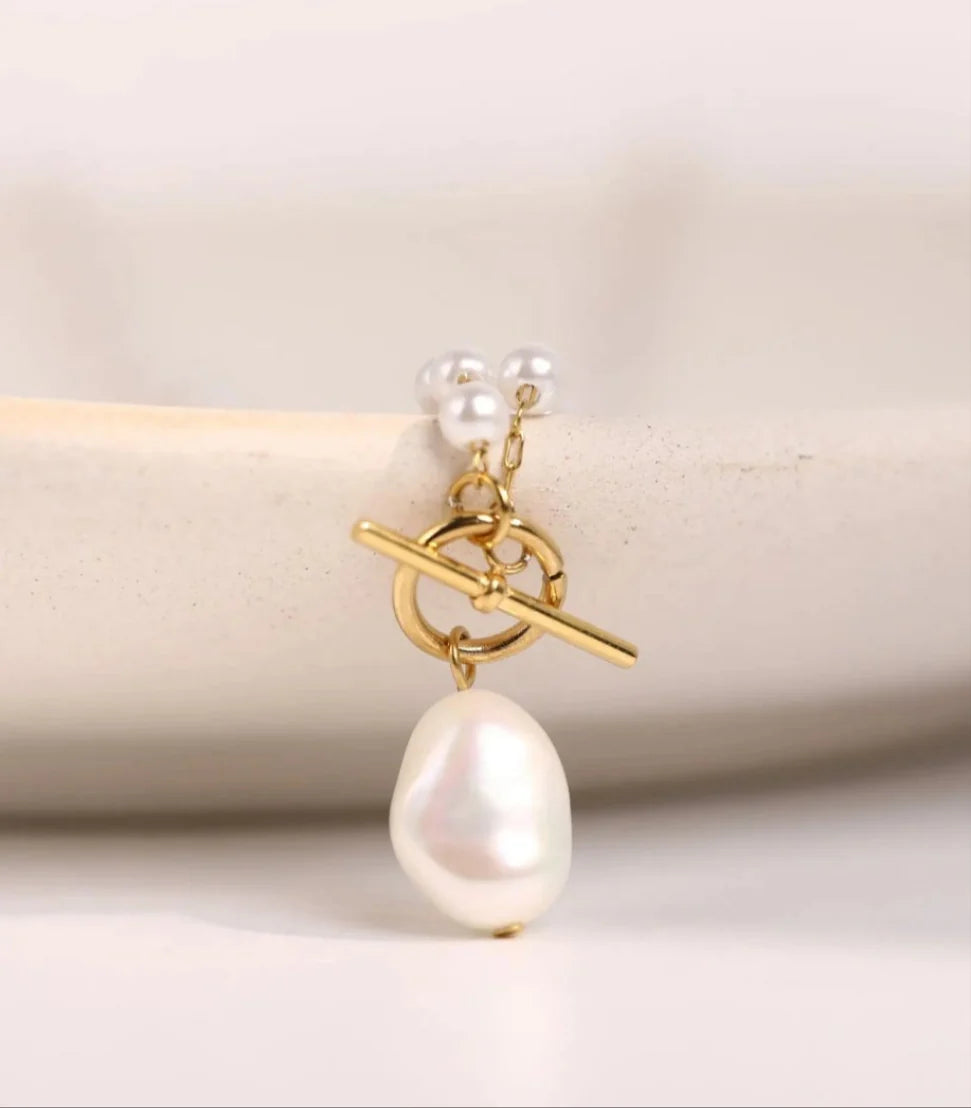 T Bar Necklace with Large Freshwater Pearl Drop