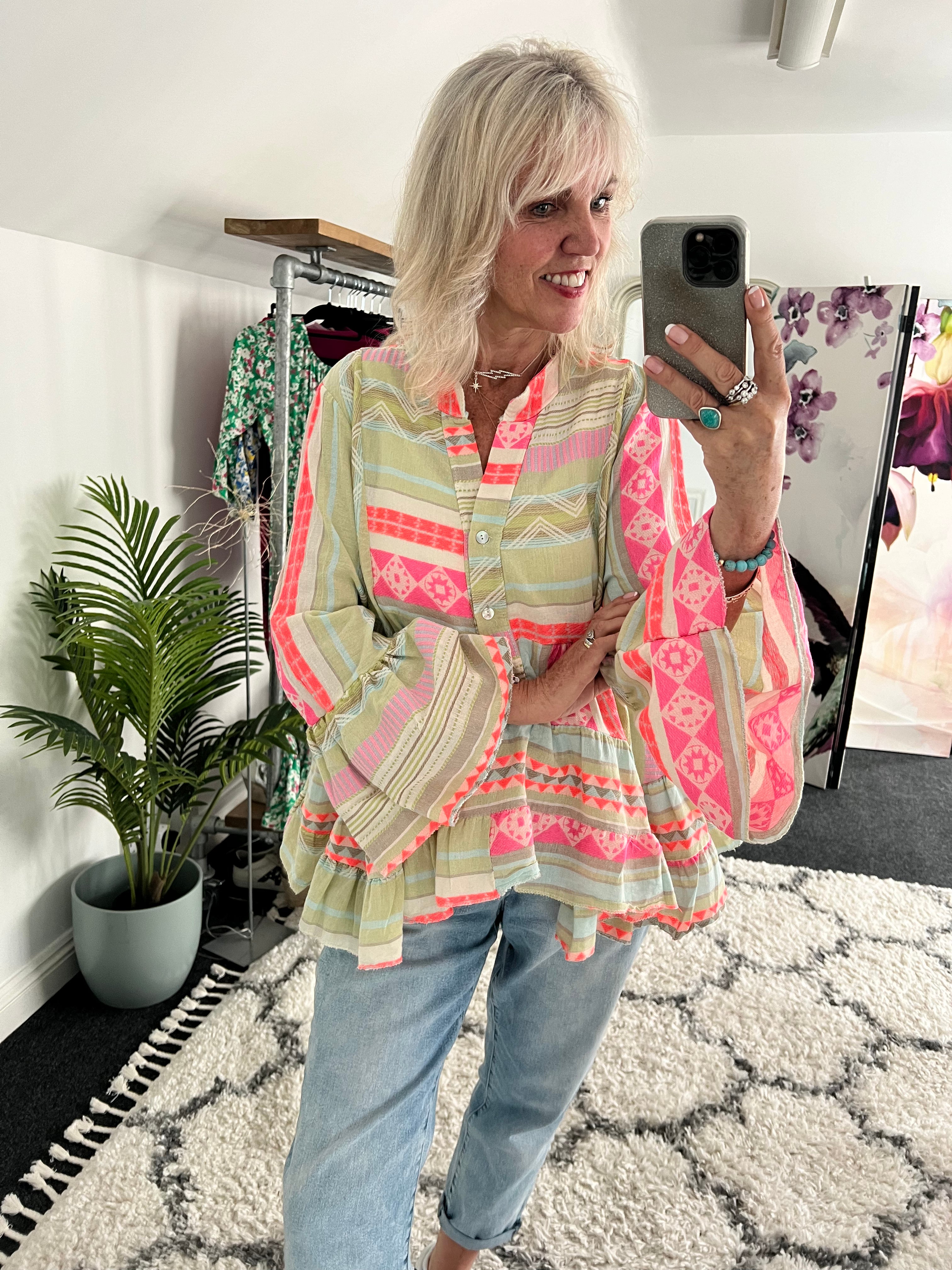 Embroidered Blouse in Khaki & Neon Pink