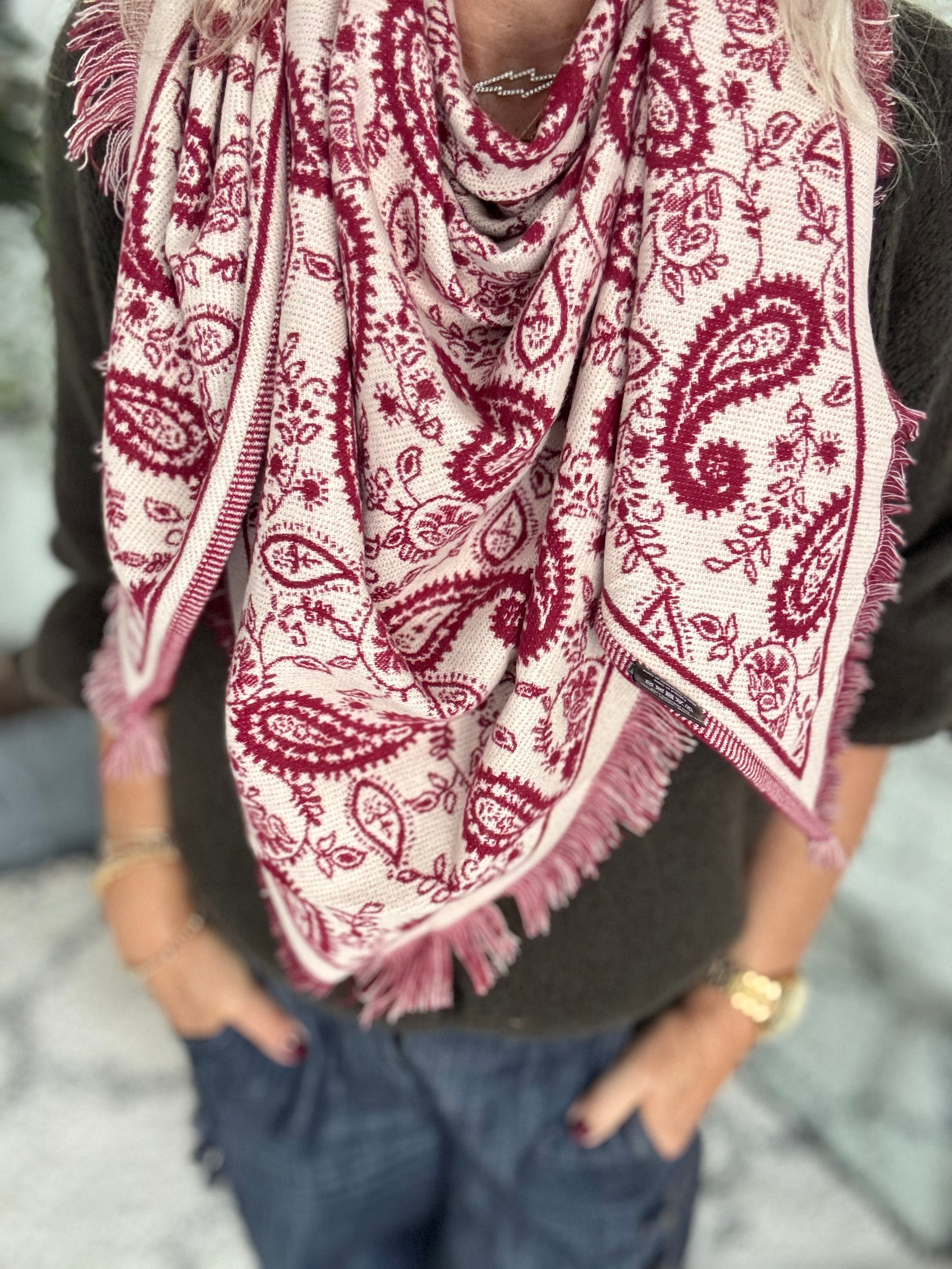 Reversible Knitted Scarf in Berry & Ecru