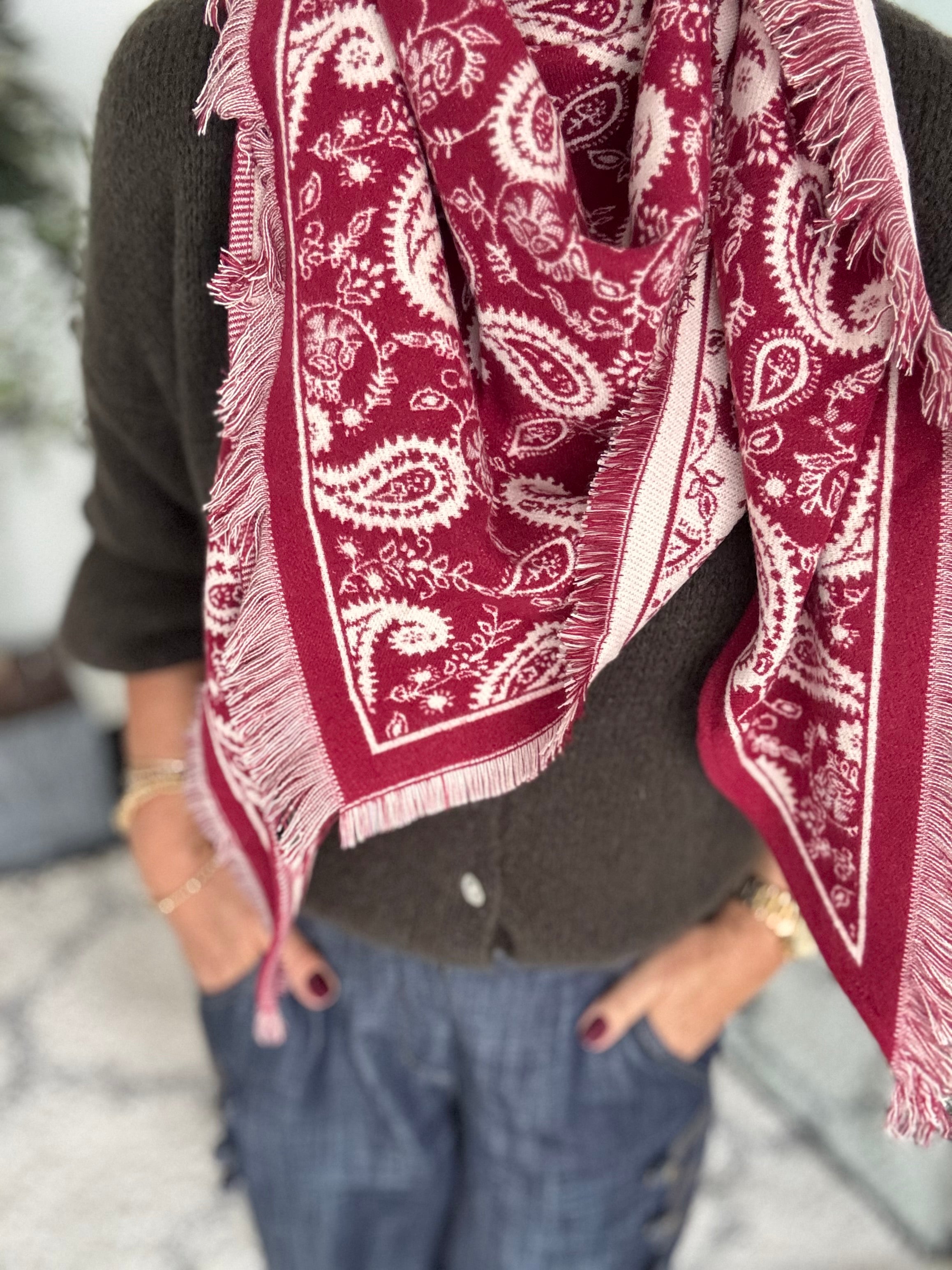 Reversible Knitted Scarf in Berry & Ecru