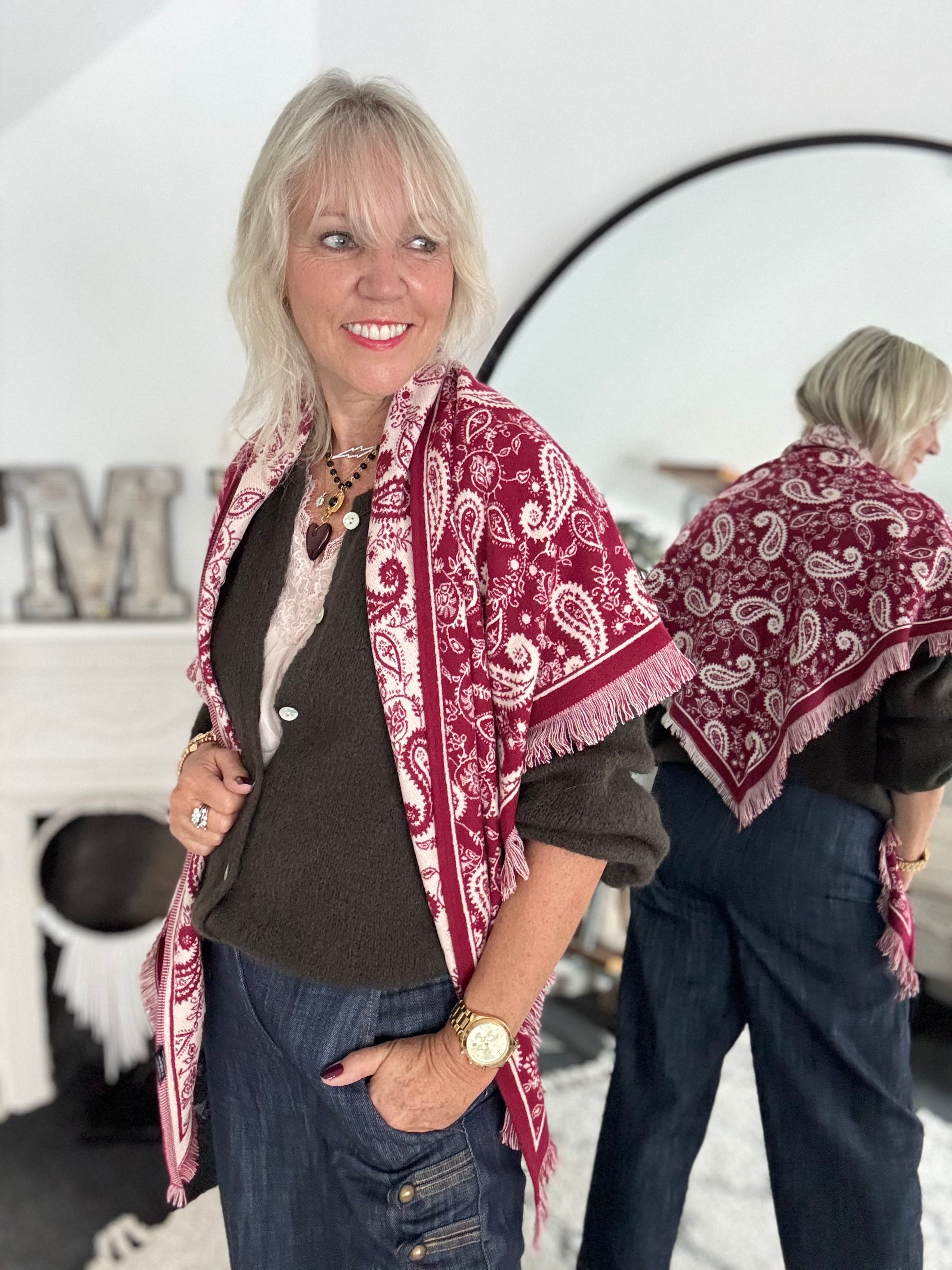 Reversible Knitted Scarf in Berry & Ecru