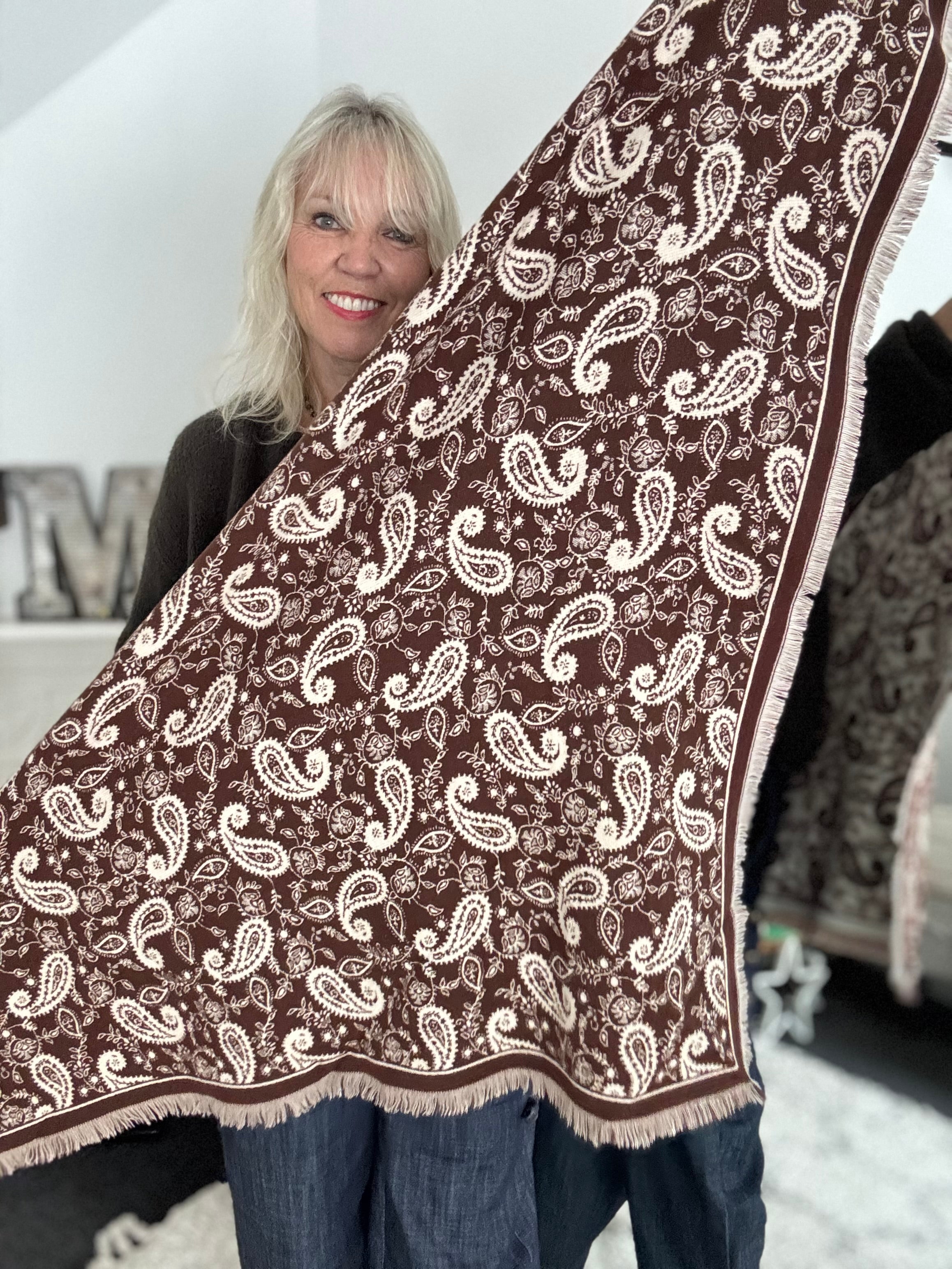 Reversible Knitted Scarf in Chocolate & Ecru