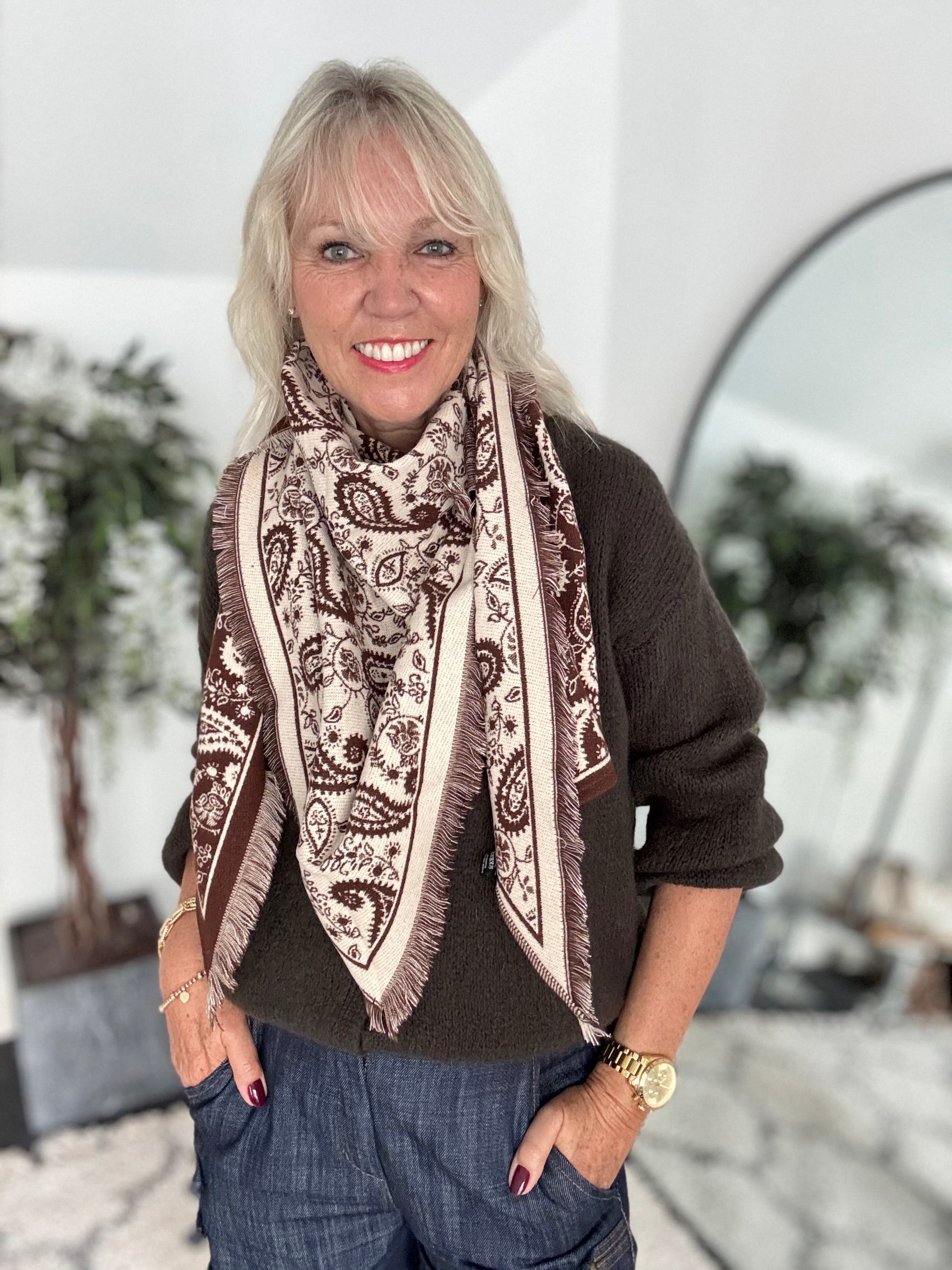 Reversible Knitted Scarf in Chocolate & Ecru