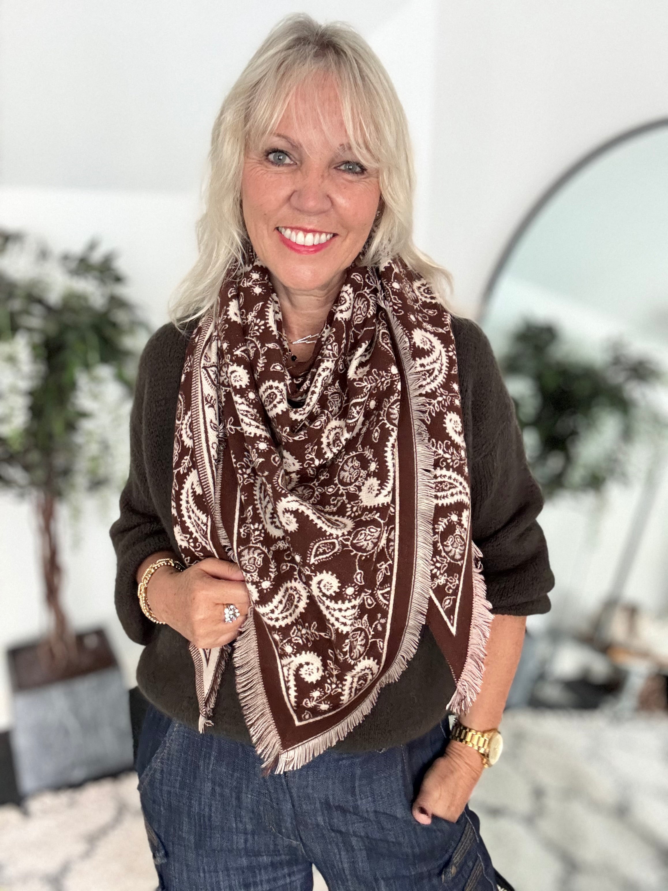 Reversible Knitted Scarf in Chocolate & Ecru