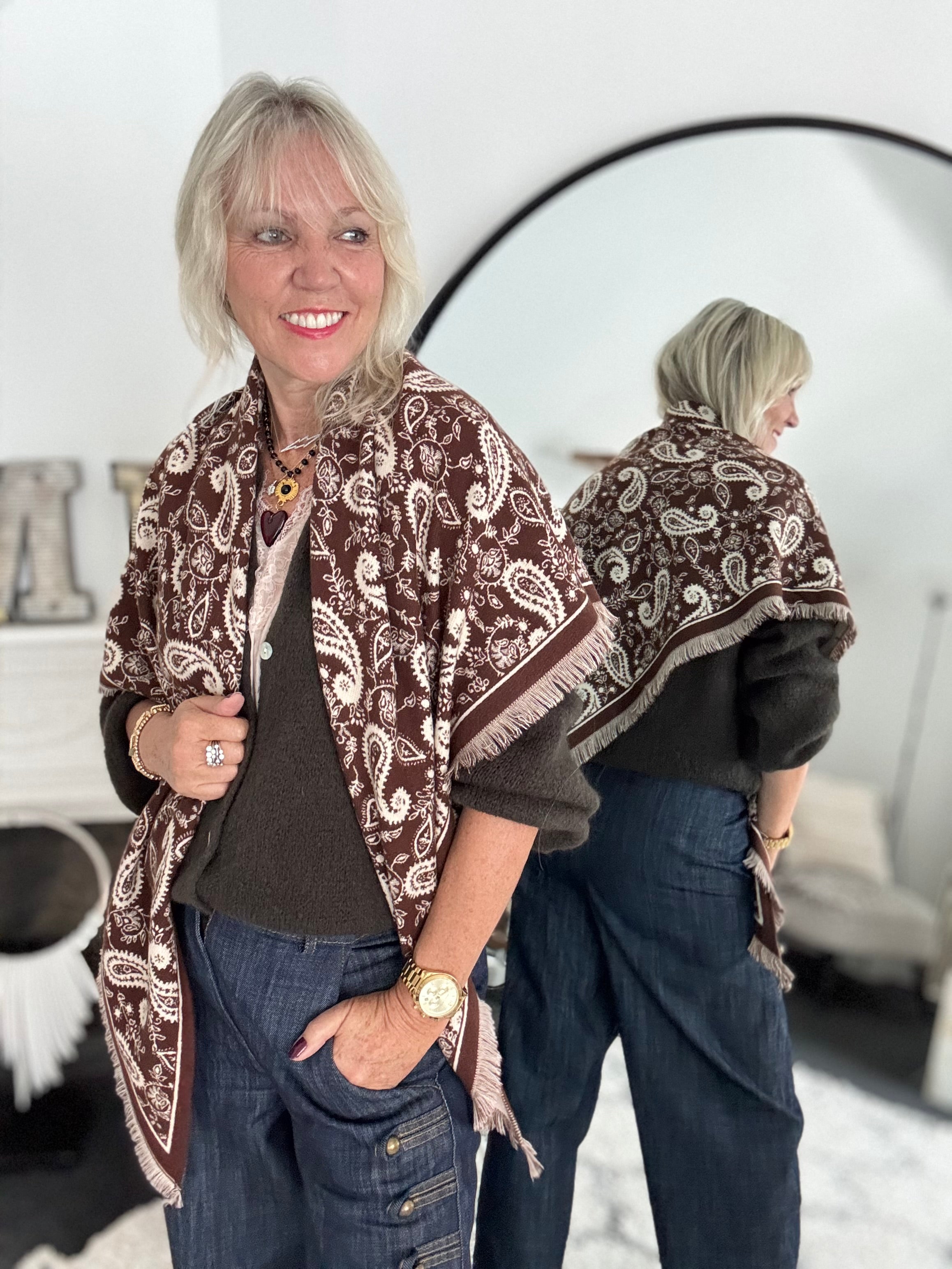 Reversible Knitted Scarf in Chocolate & Ecru