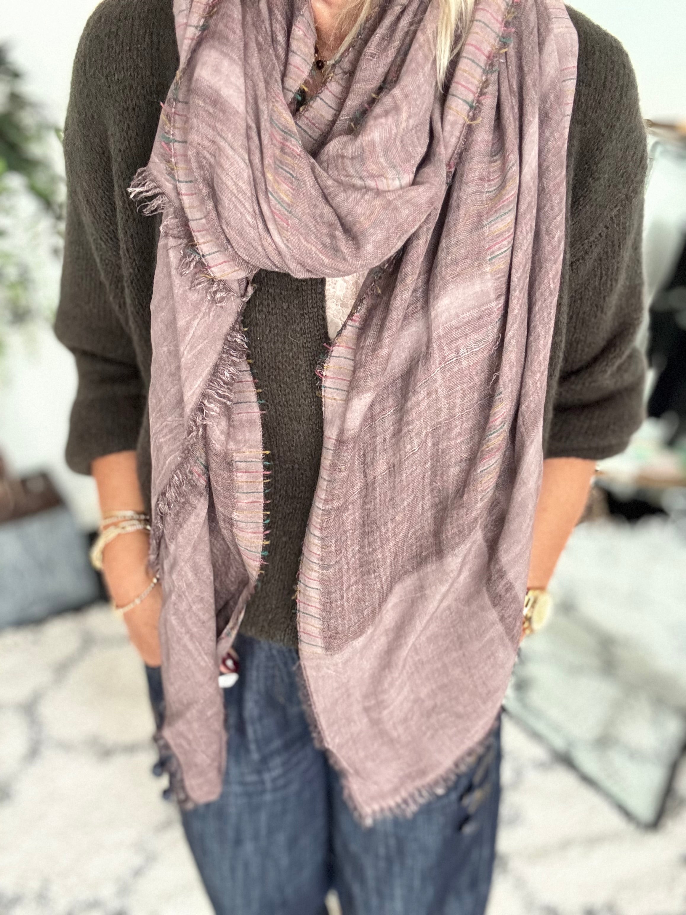Raw Edge Stripe Scarf in Heather
