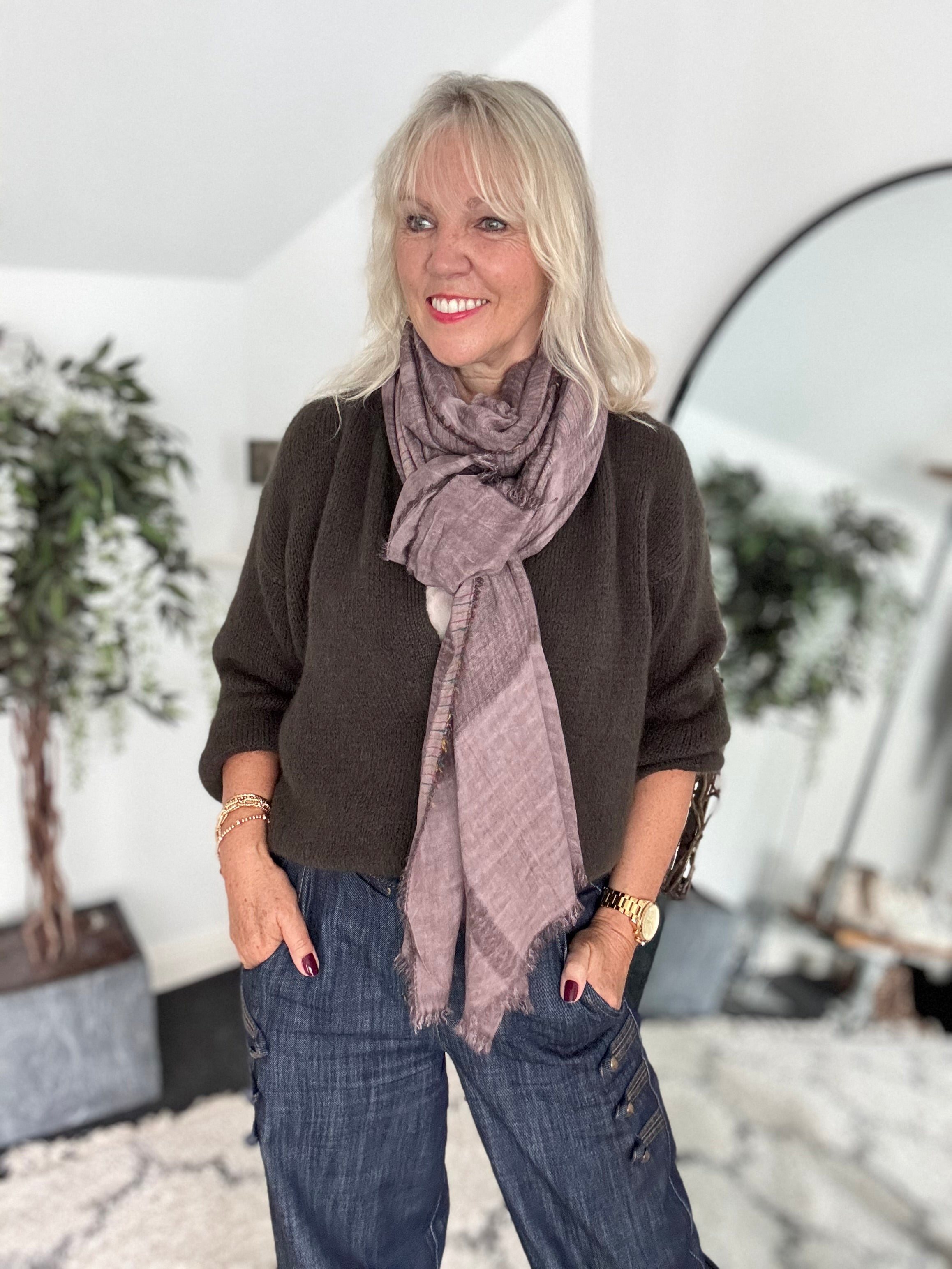Raw Edge Stripe Scarf in Heather