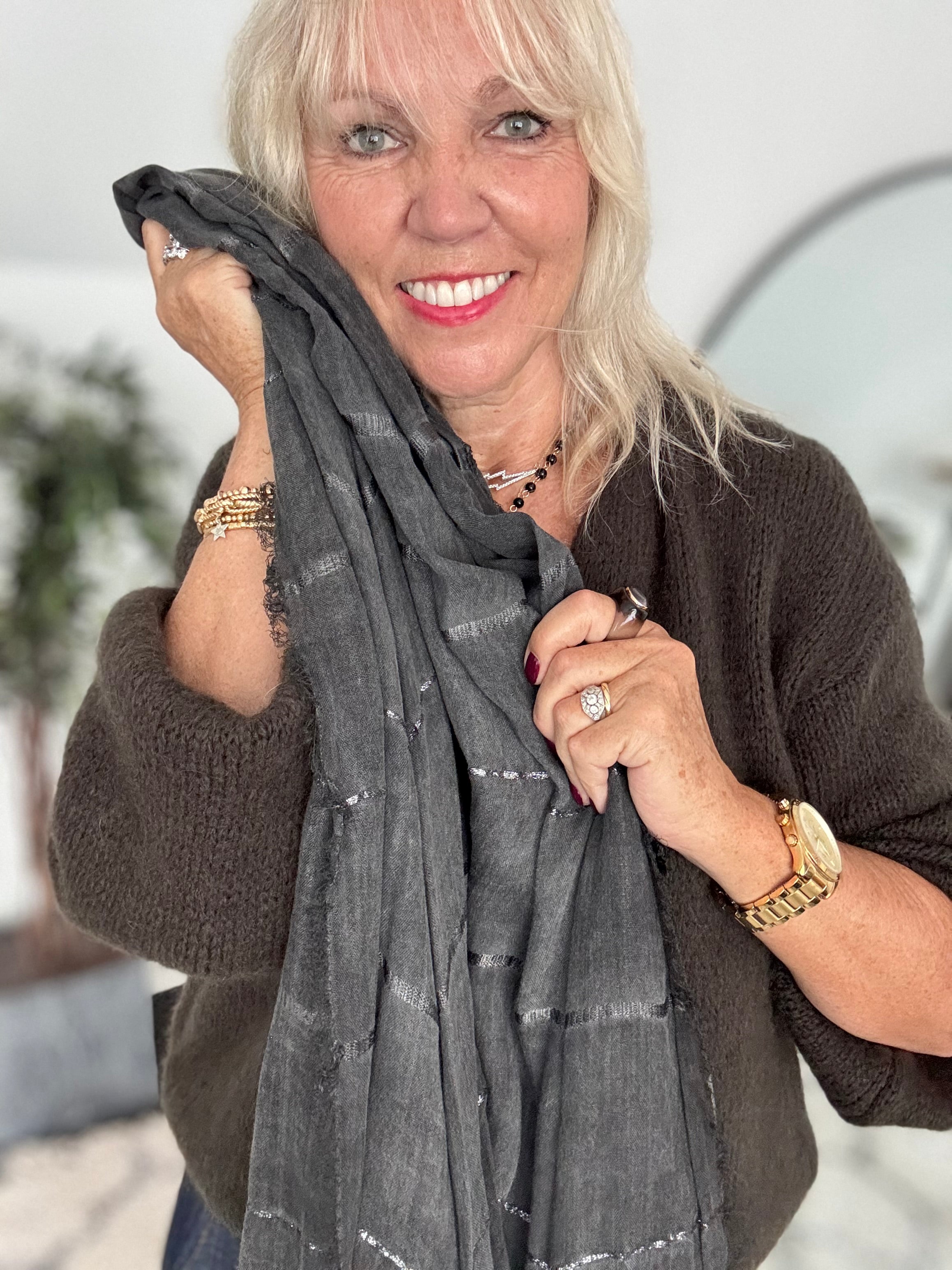 Fine Metallic Stripe Scarf in Charcoal