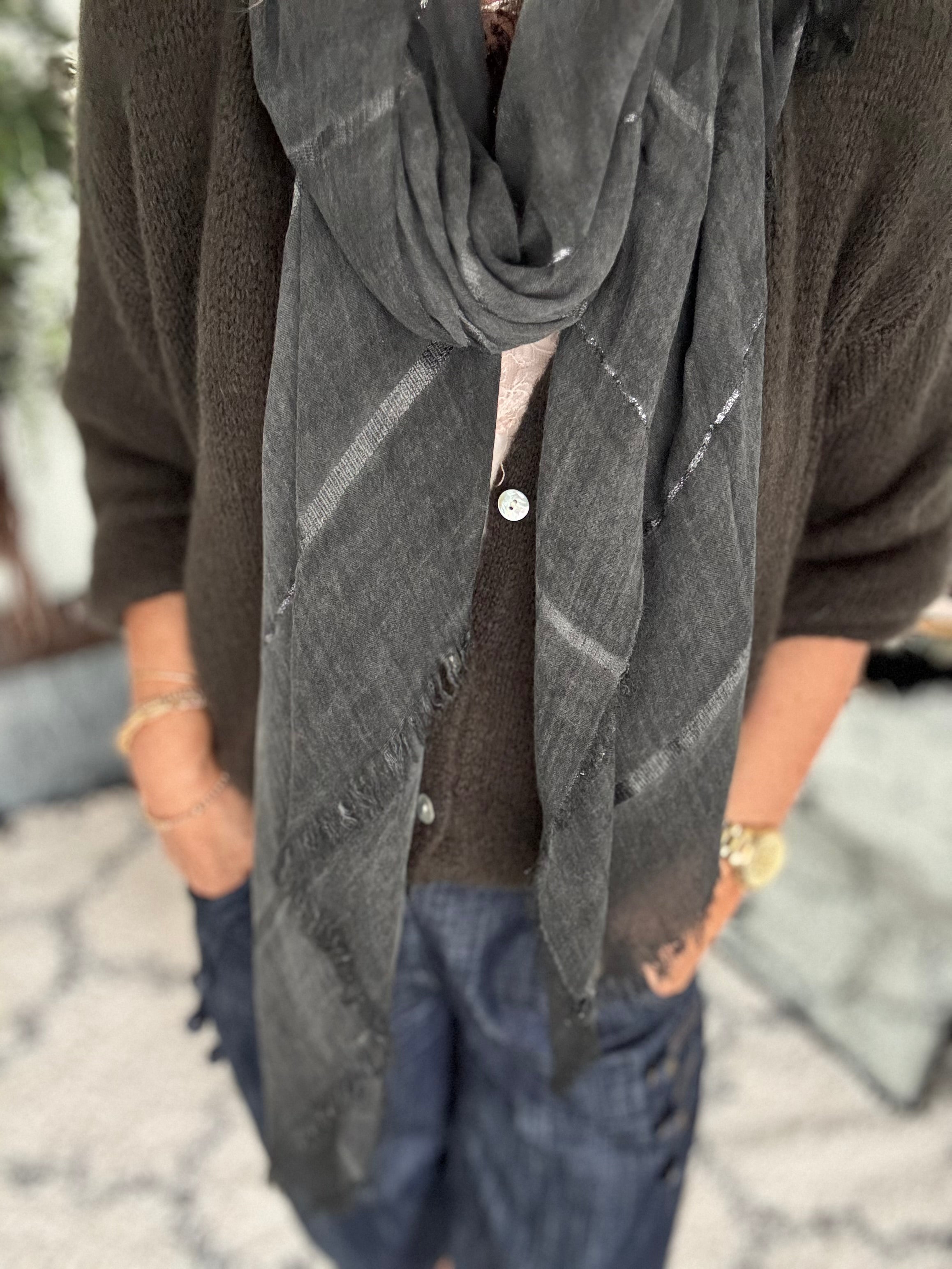 Fine Metallic Stripe Scarf in Charcoal