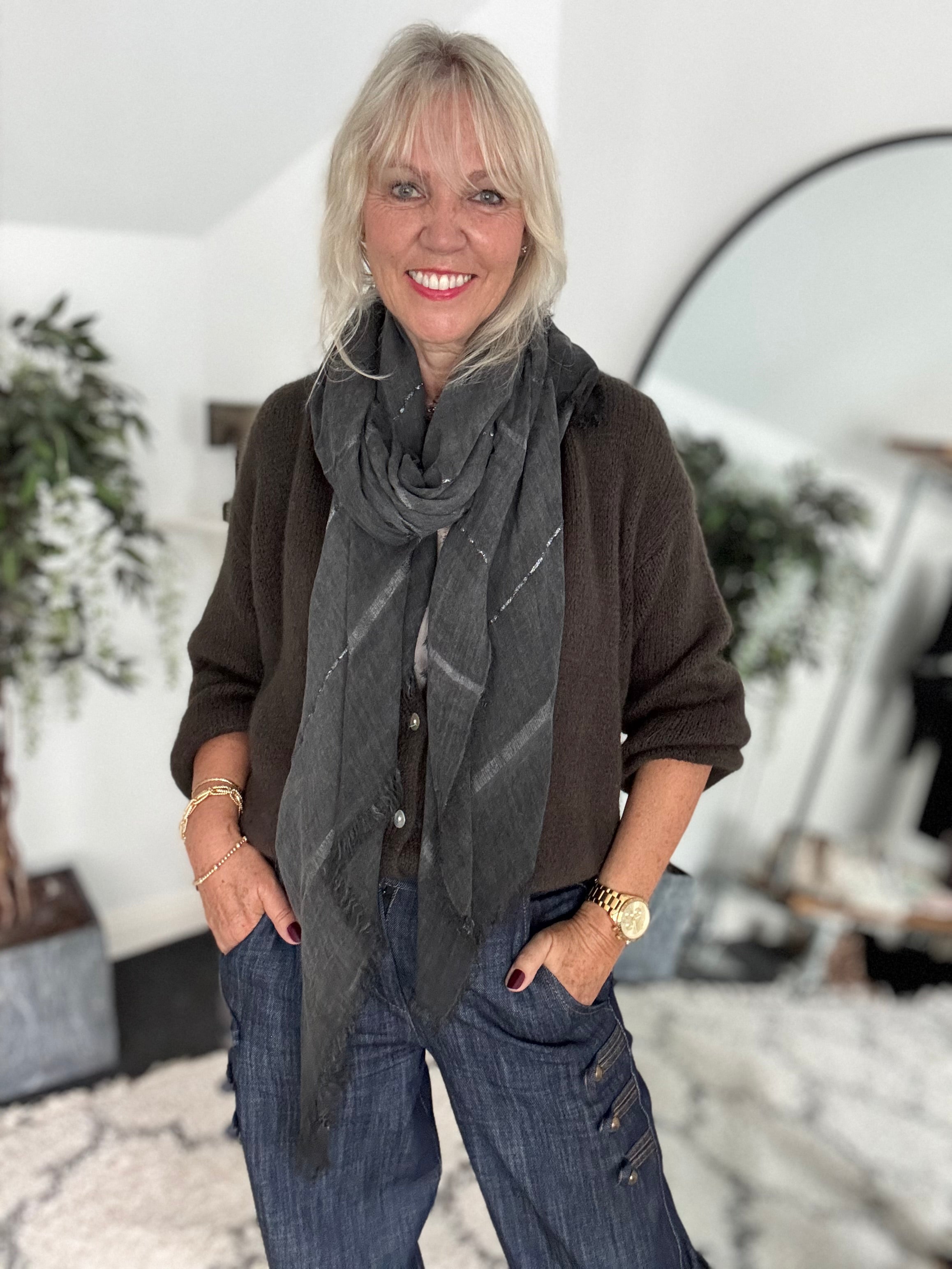 Fine Metallic Stripe Scarf in Charcoal