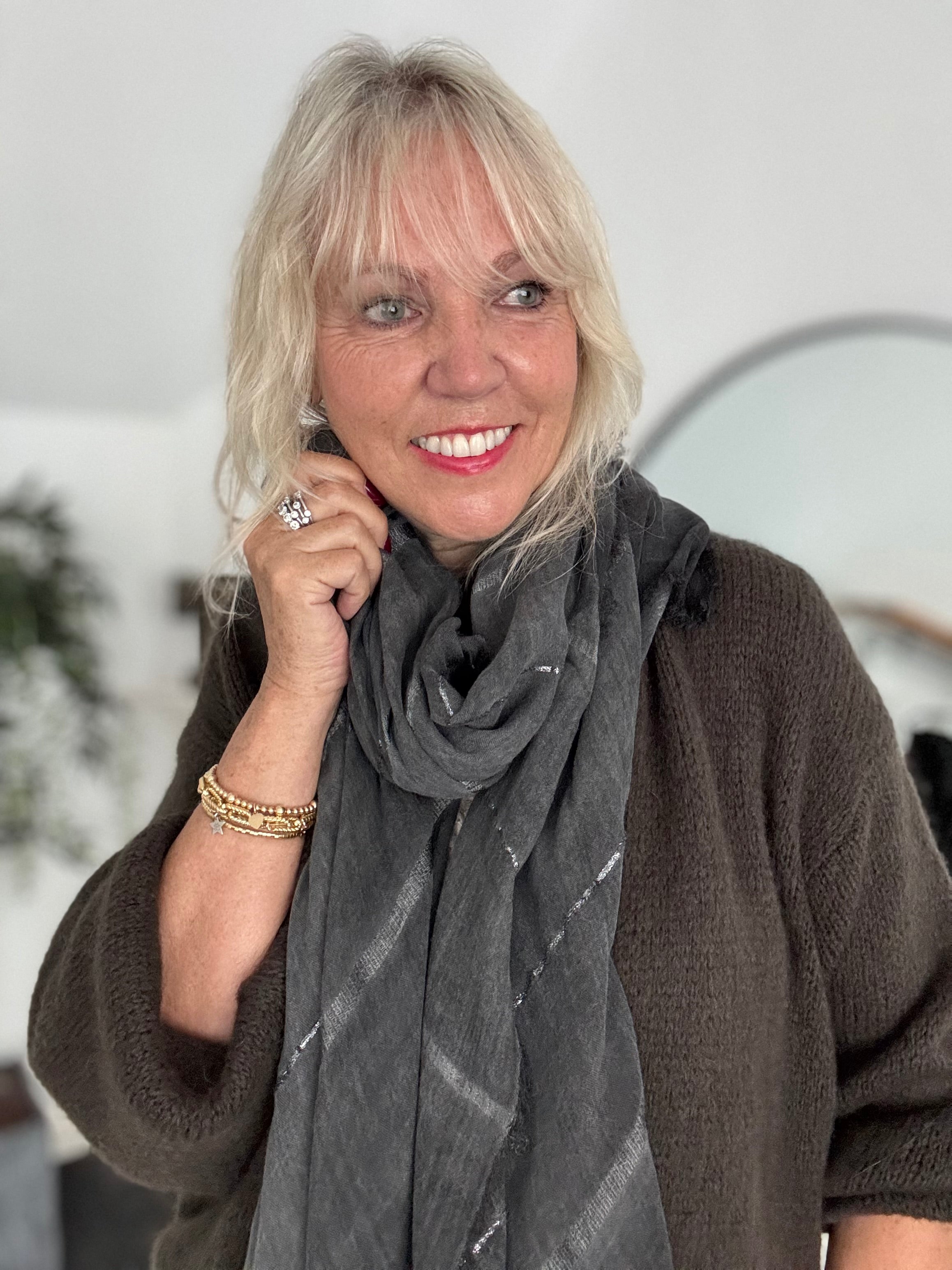 Fine Metallic Stripe Scarf in Charcoal