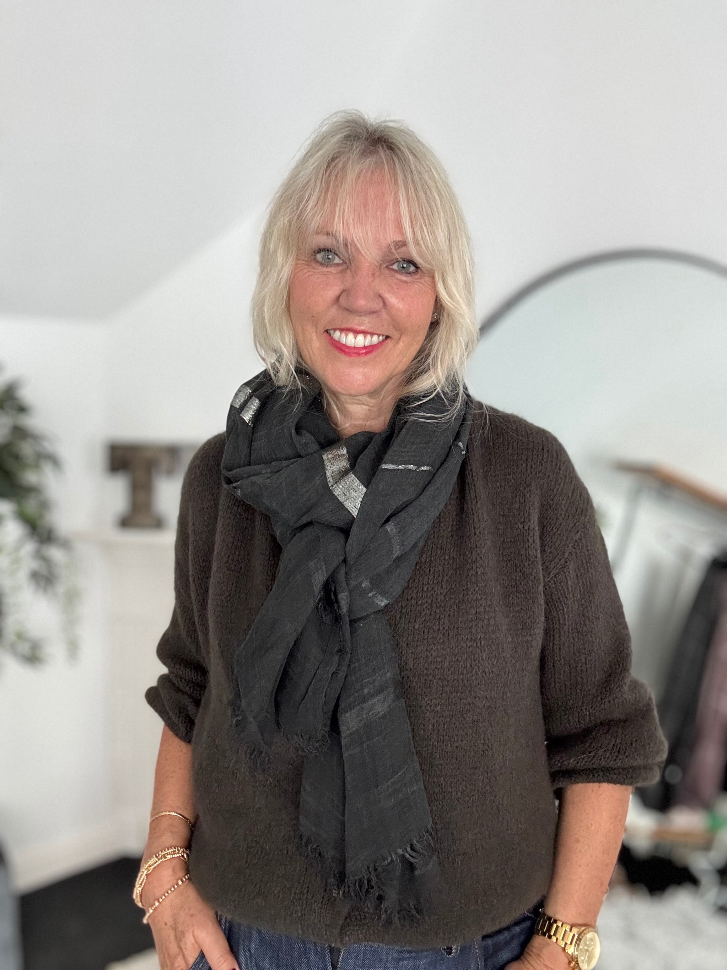 Fine Metallic Stripe Scarf in Black