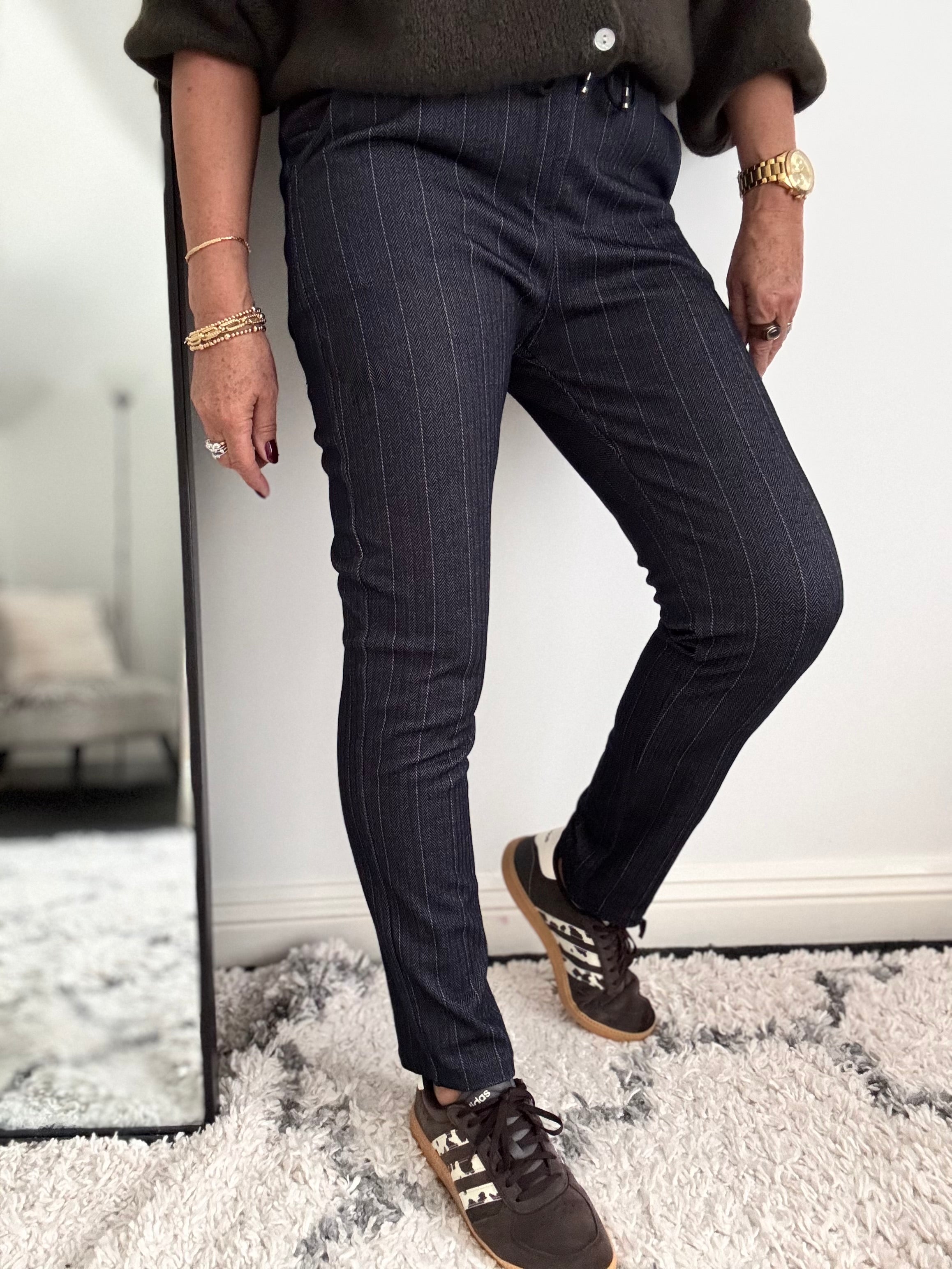 Pinstripe & Herringbone Stretch Joggers in Ink