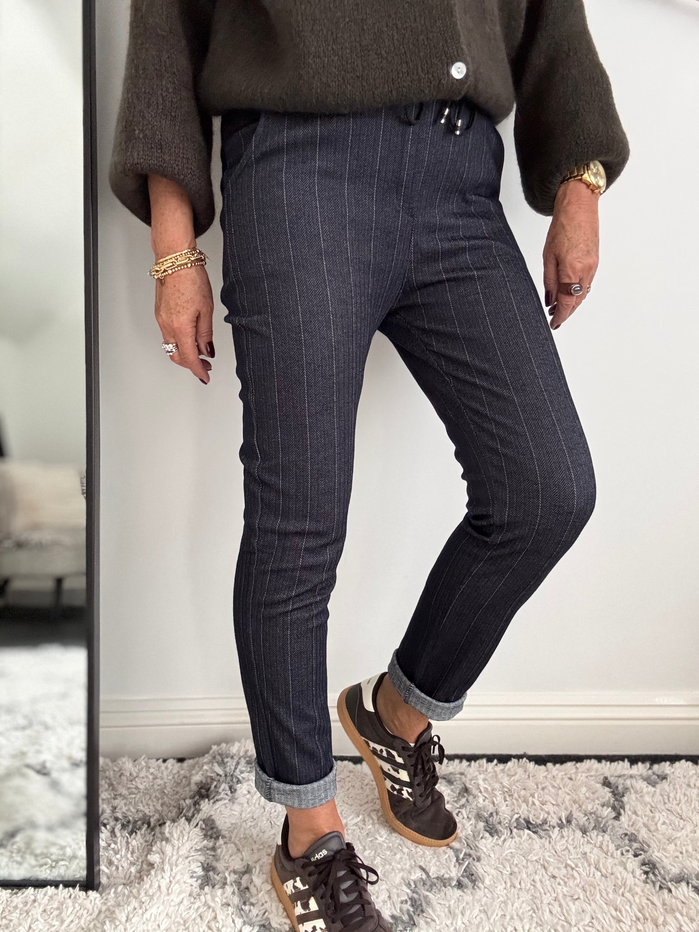 Pinstripe & Herringbone Stretch Joggers in Ink