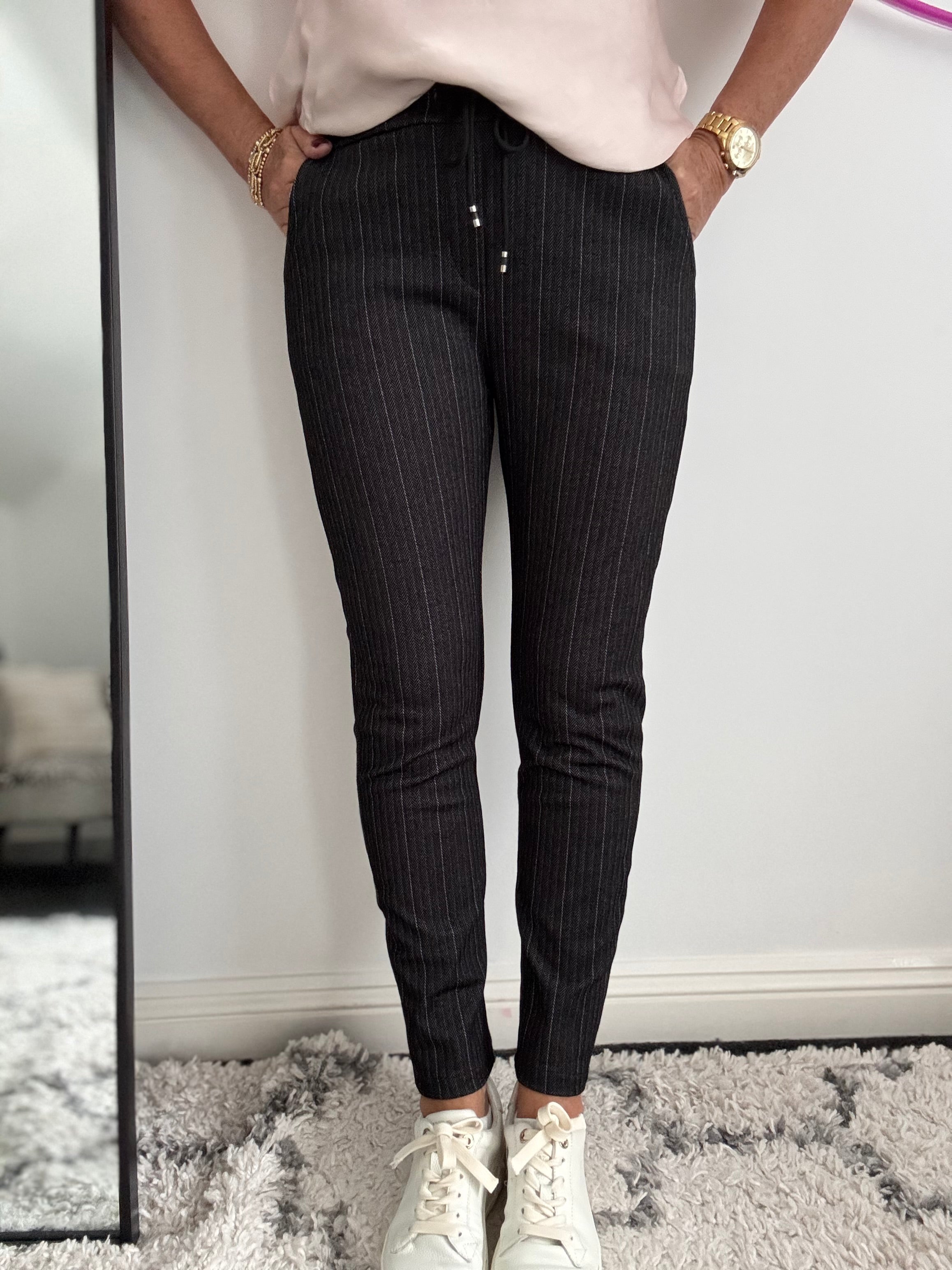 Pinstripe & Herringbone Stretch Joggers in Black