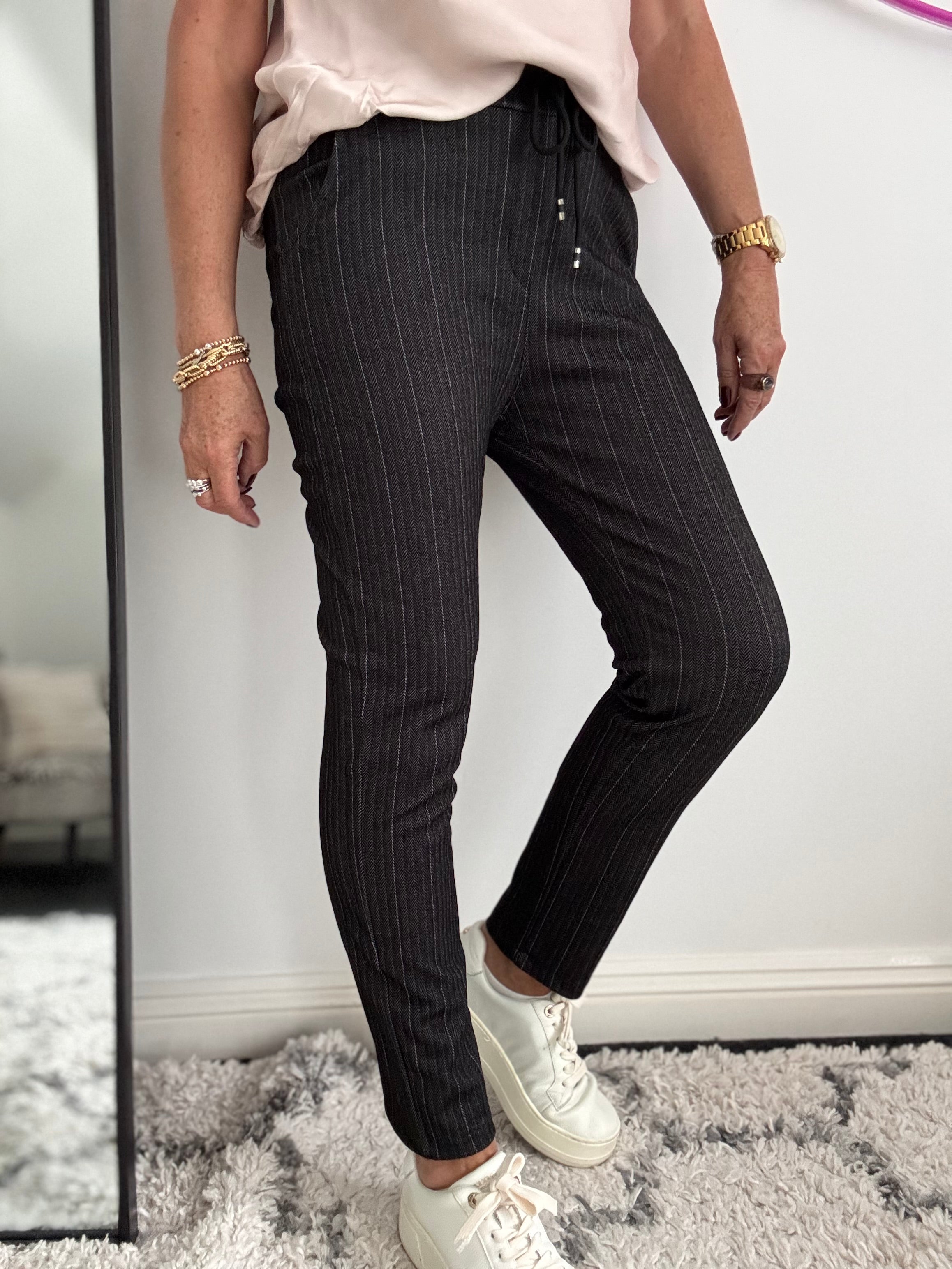 Pinstripe & Herringbone Stretch Joggers in Black