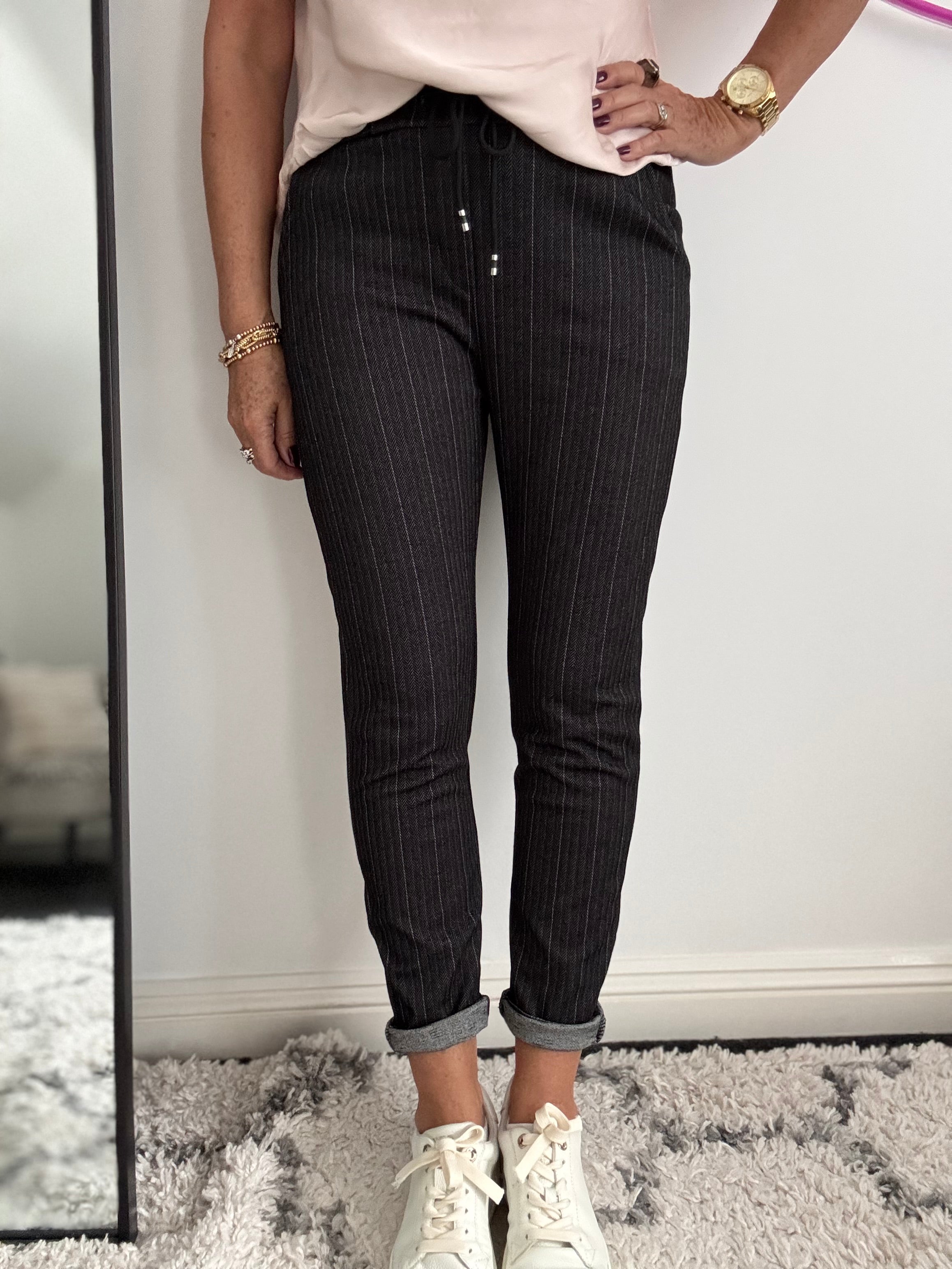 Pinstripe & Herringbone Stretch Joggers in Black