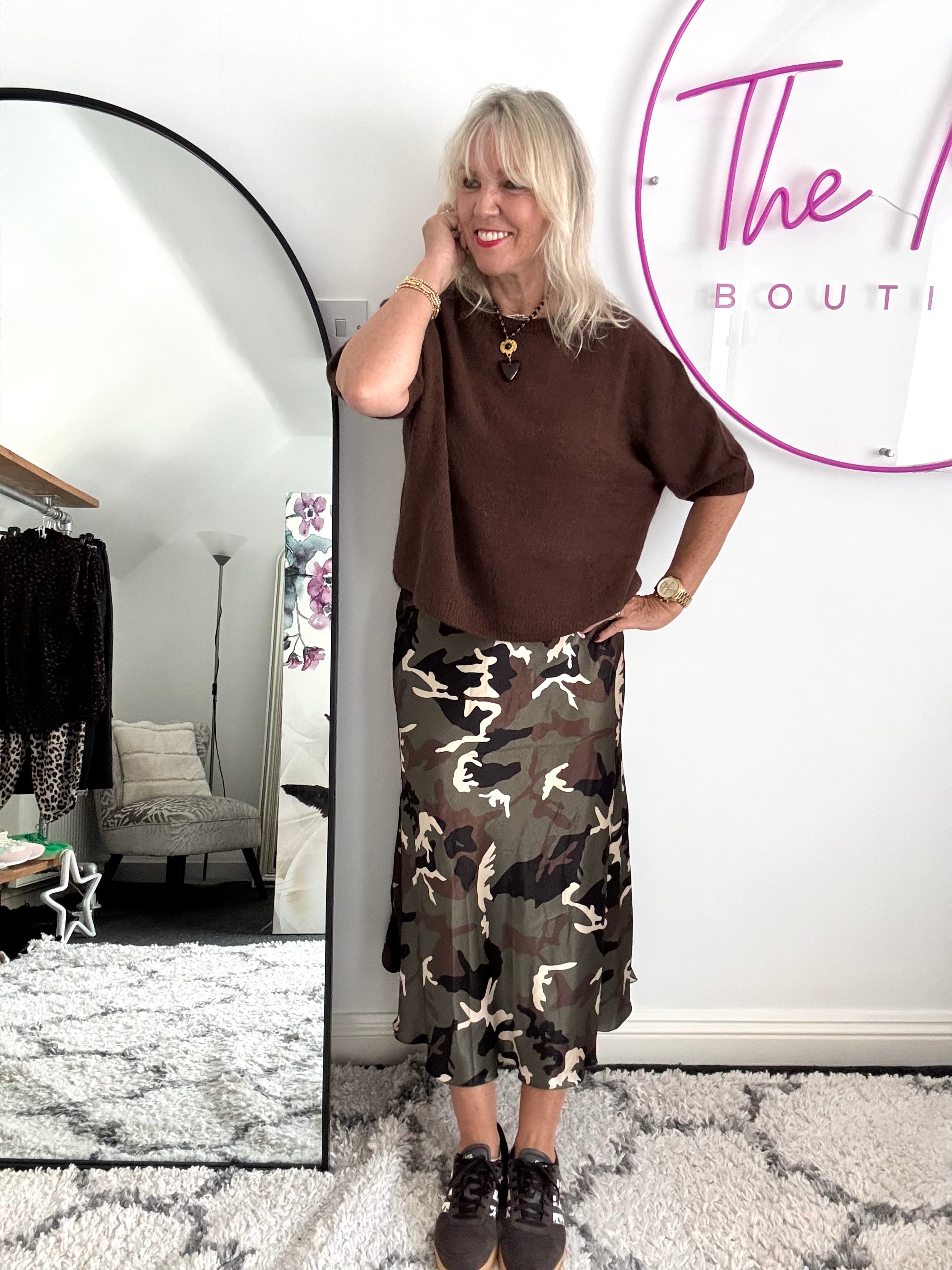 Satin Slip Skirt in Khaki Camo