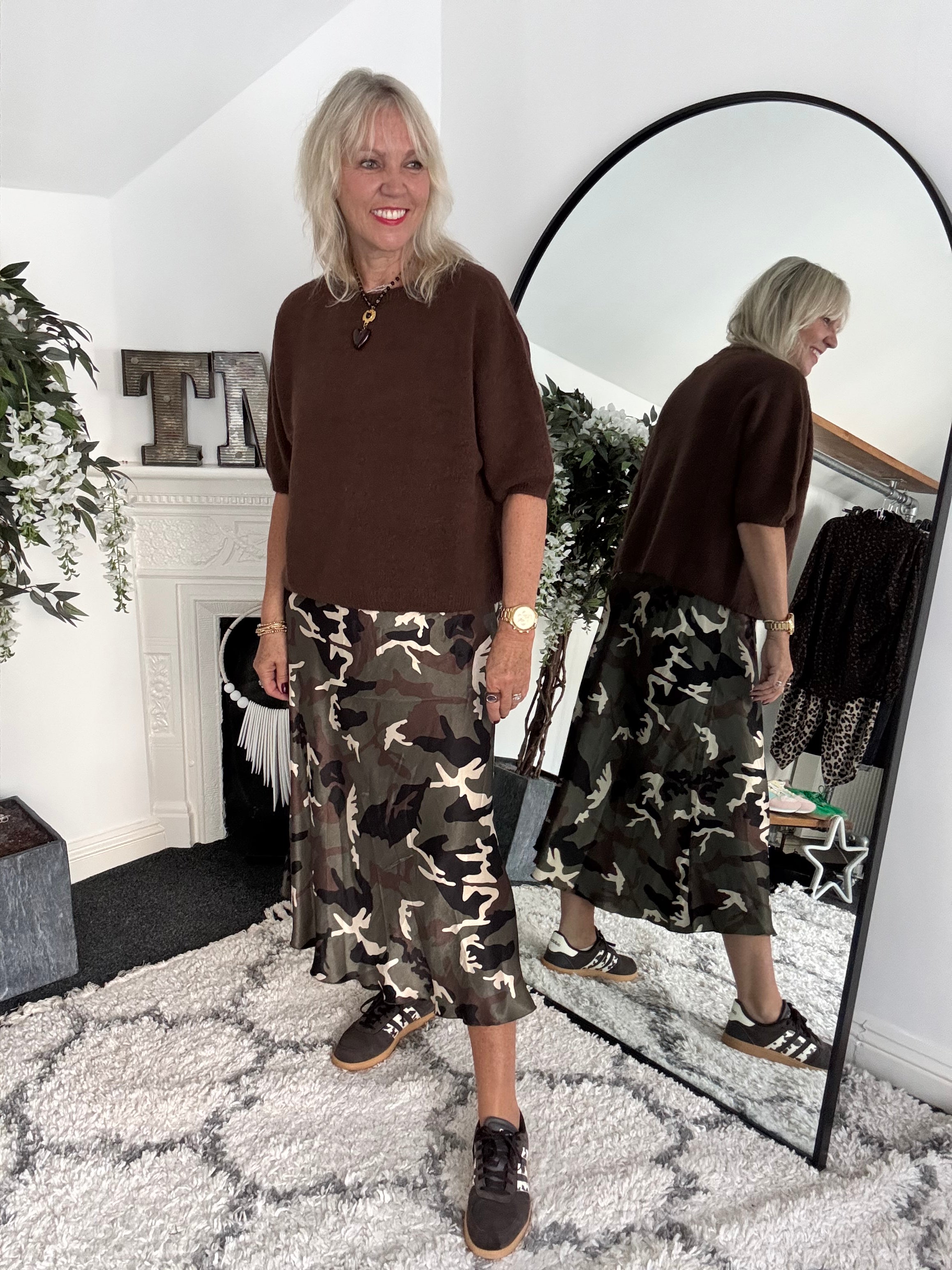 Satin Slip Skirt in Khaki Camo