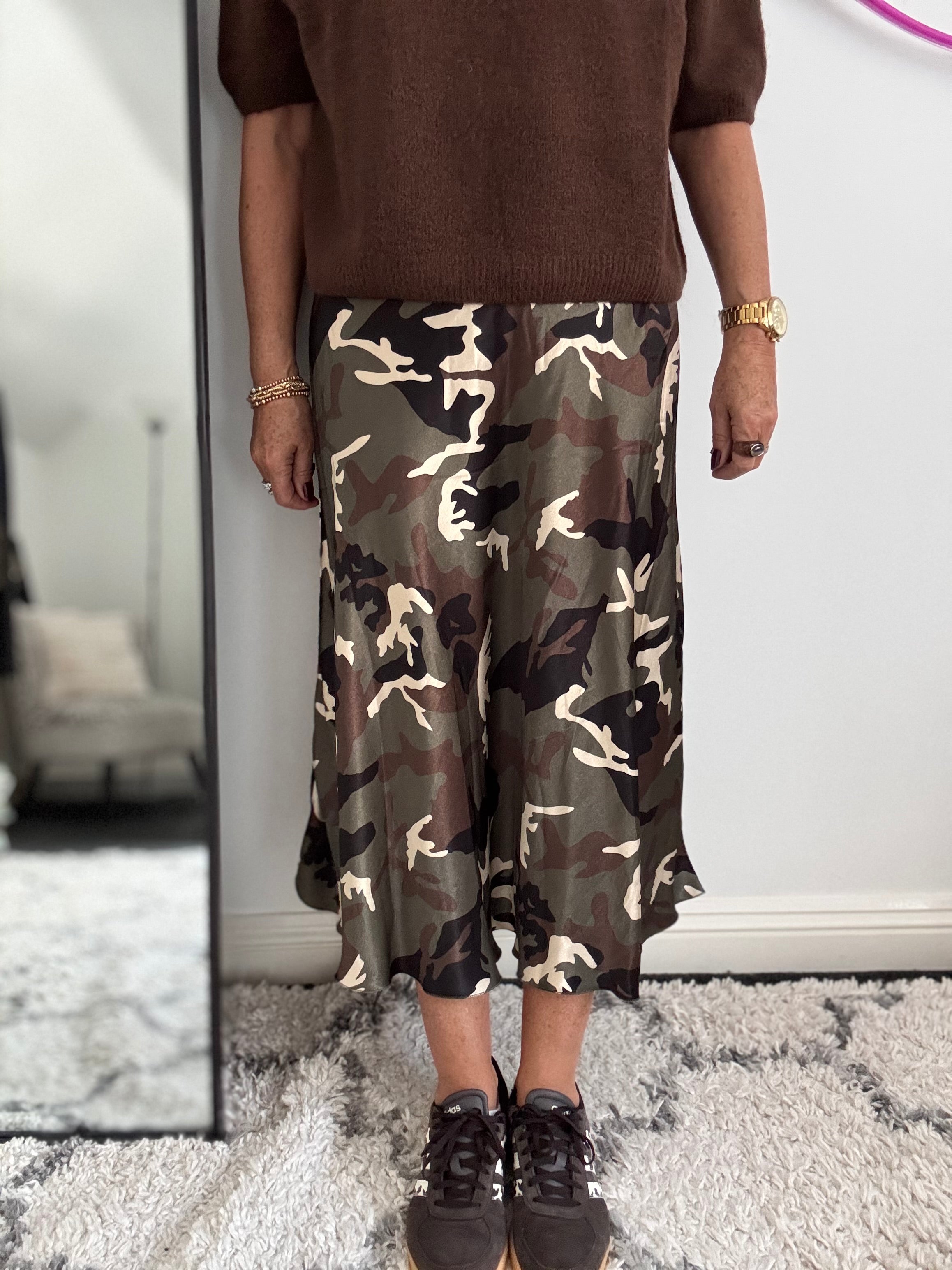 Satin Slip Skirt in Khaki Camo