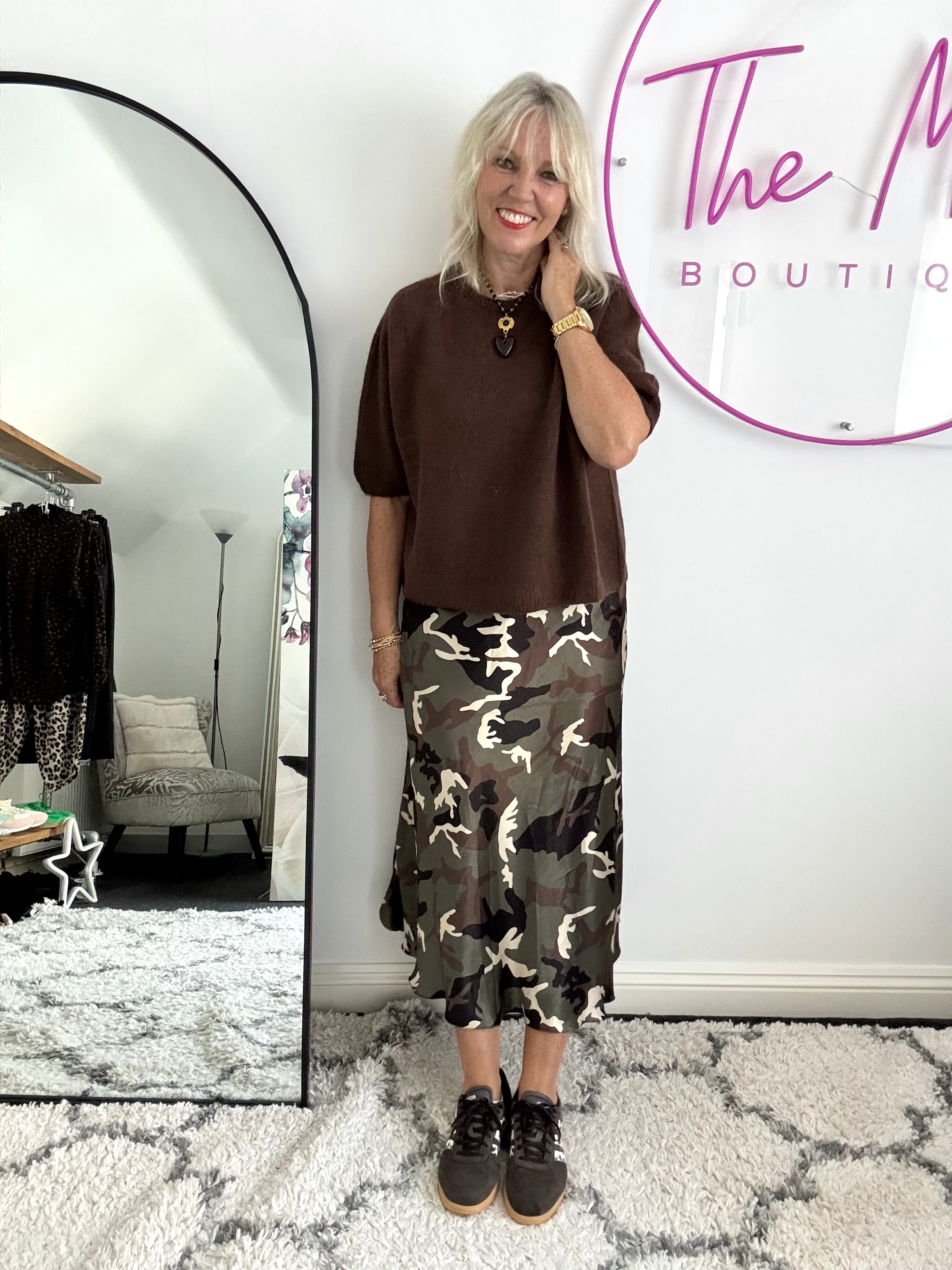 Satin Slip Skirt in Khaki Camo