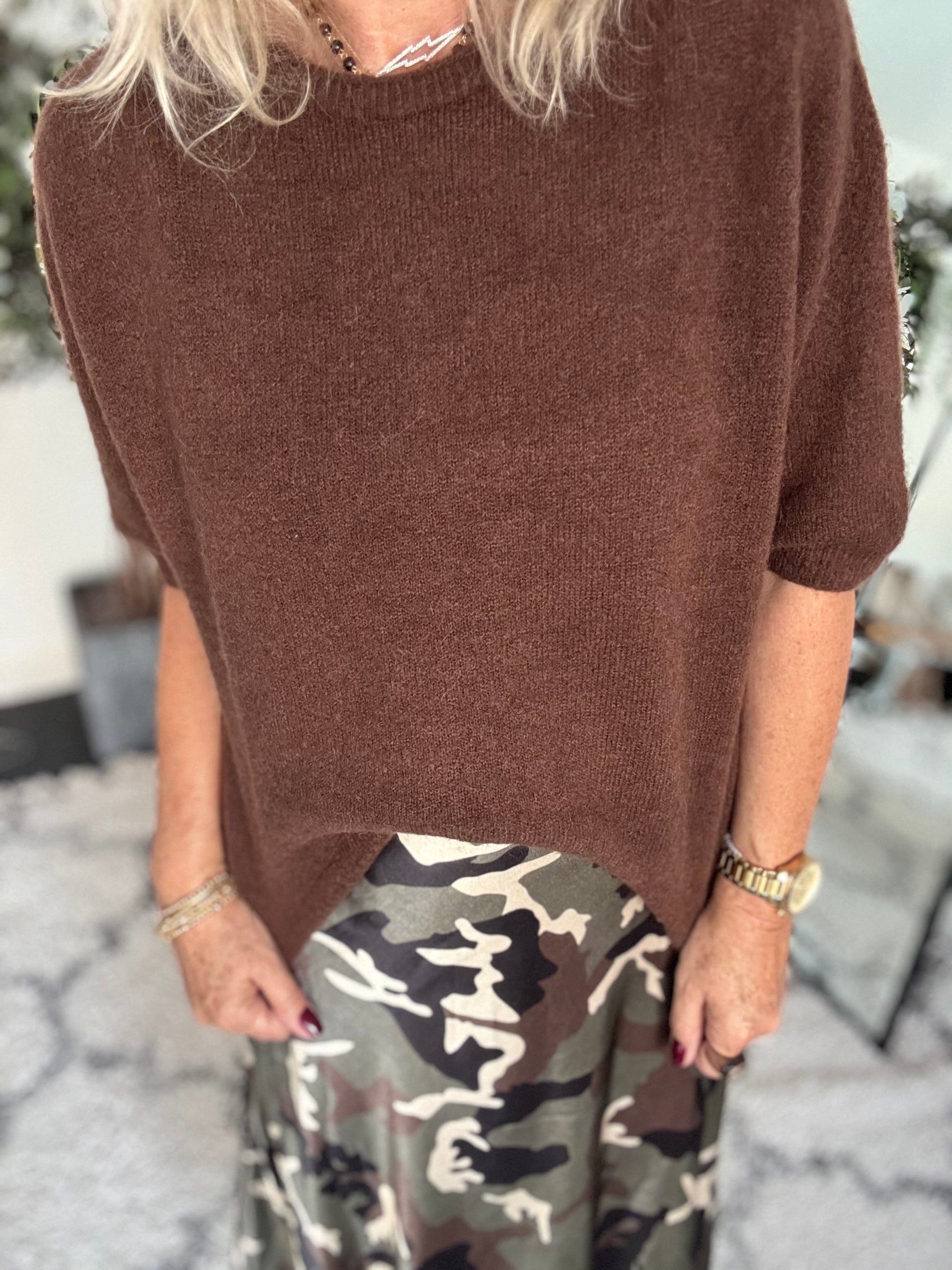 Short Sleeve Slouchy Alpaca Jumper in Chocolate