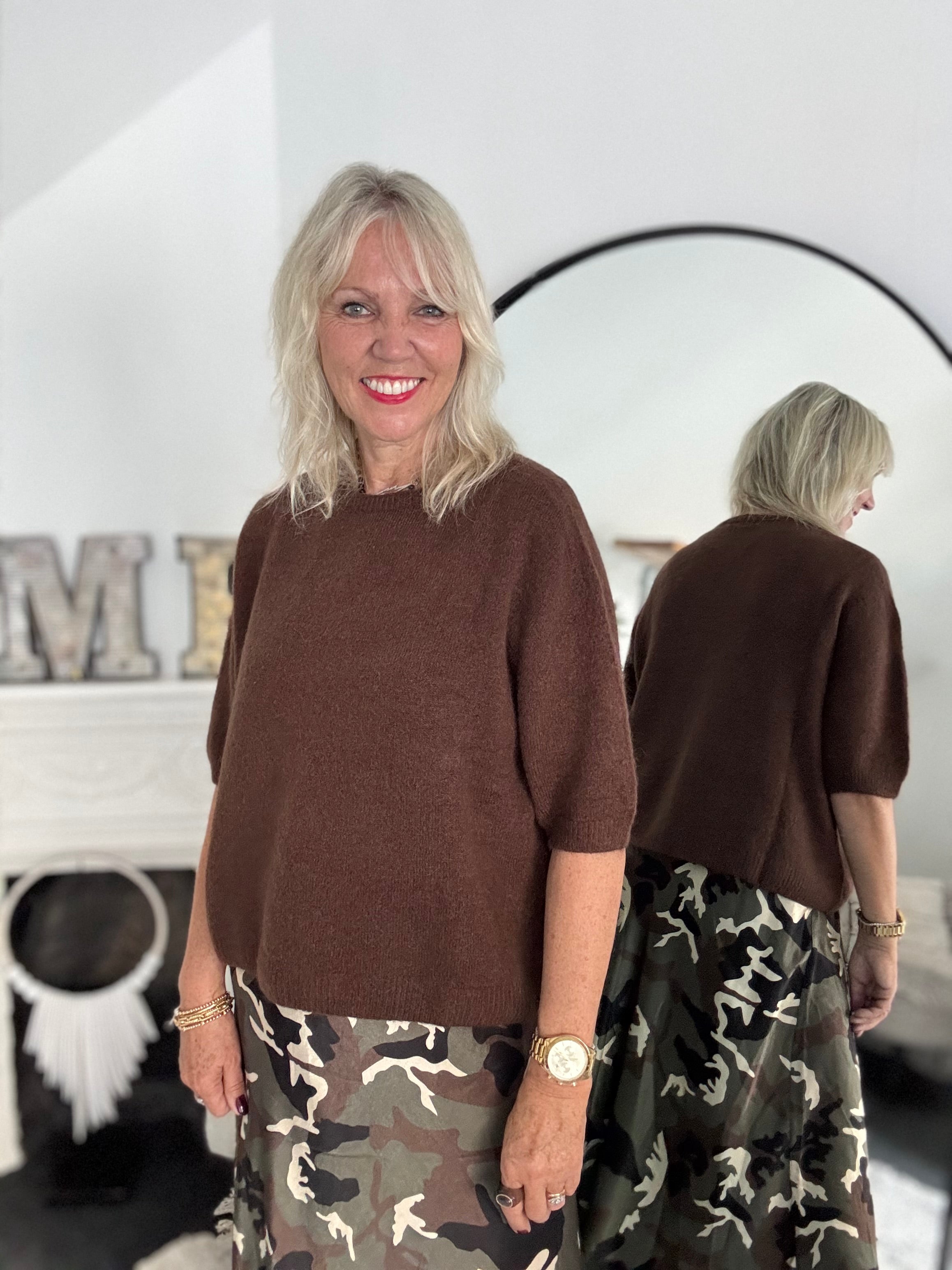 Short Sleeve Slouchy Alpaca Jumper in Chocolate