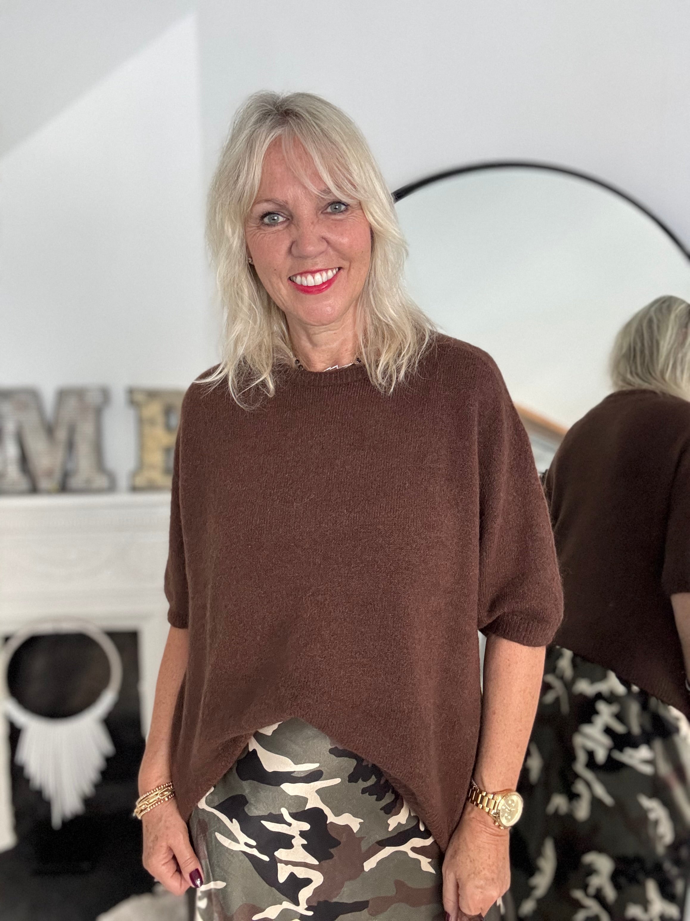 Short Sleeve Slouchy Alpaca Jumper in Chocolate