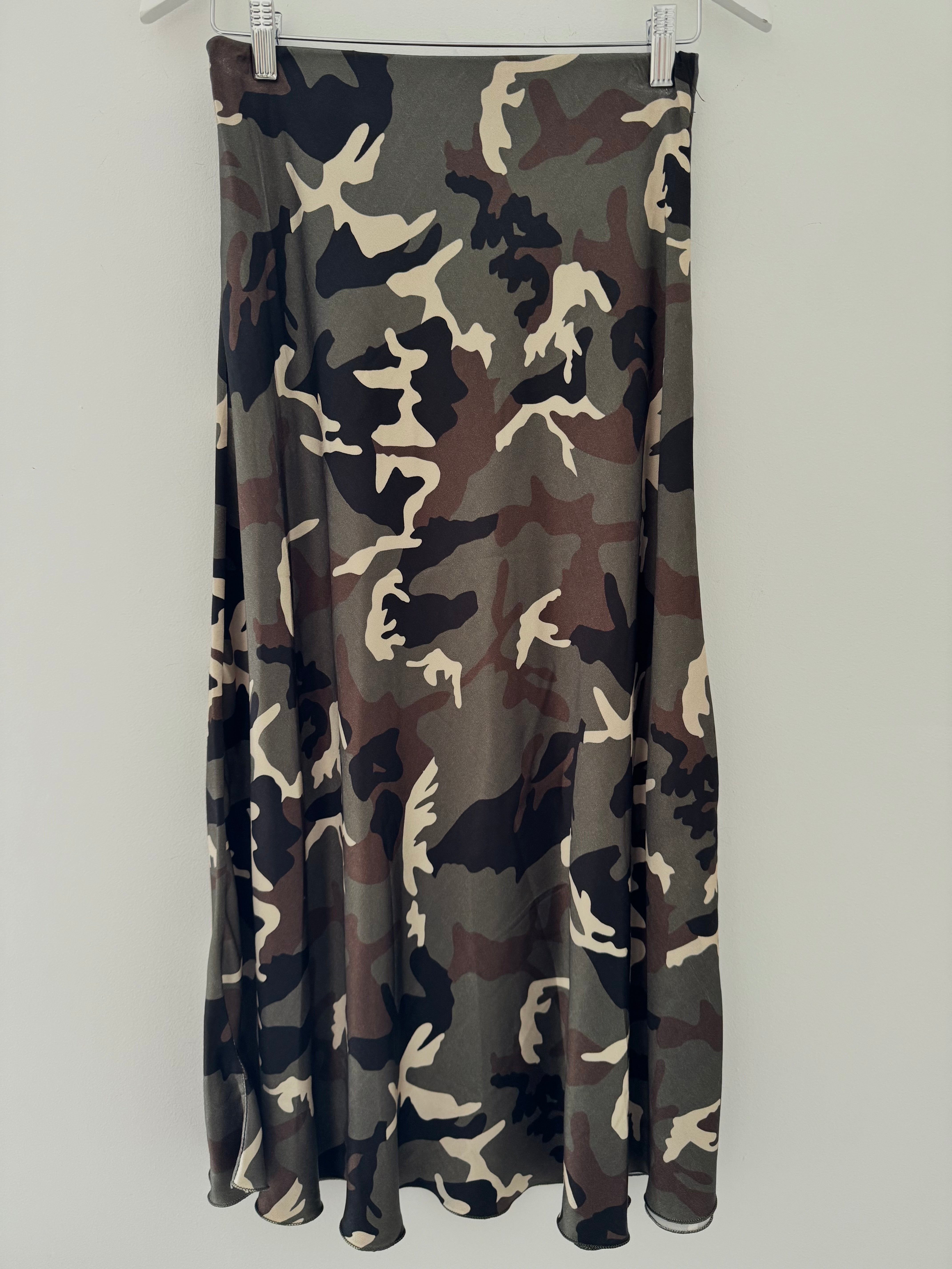 Satin Slip Skirt in Khaki Camo