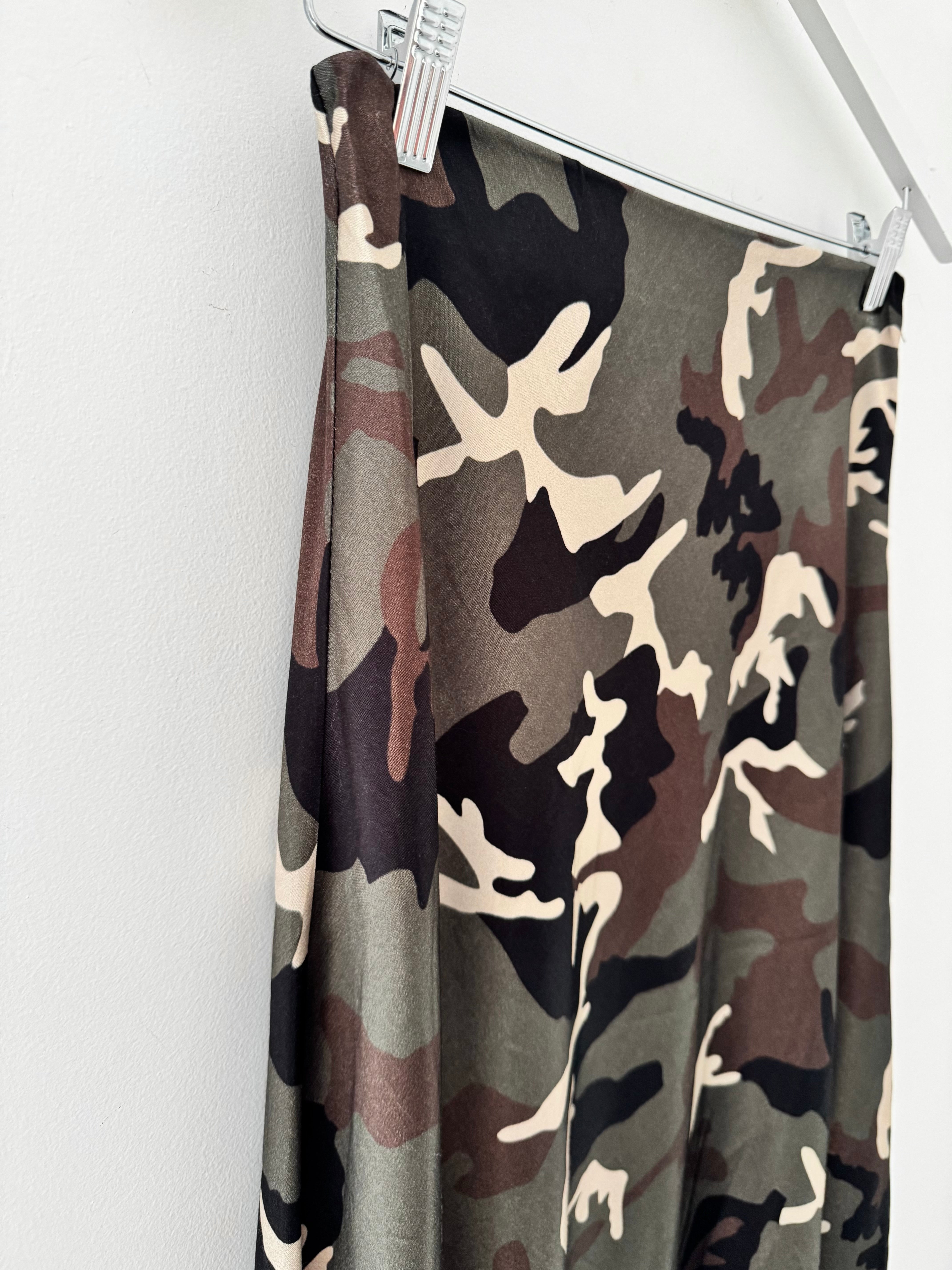Satin Slip Skirt in Khaki Camo