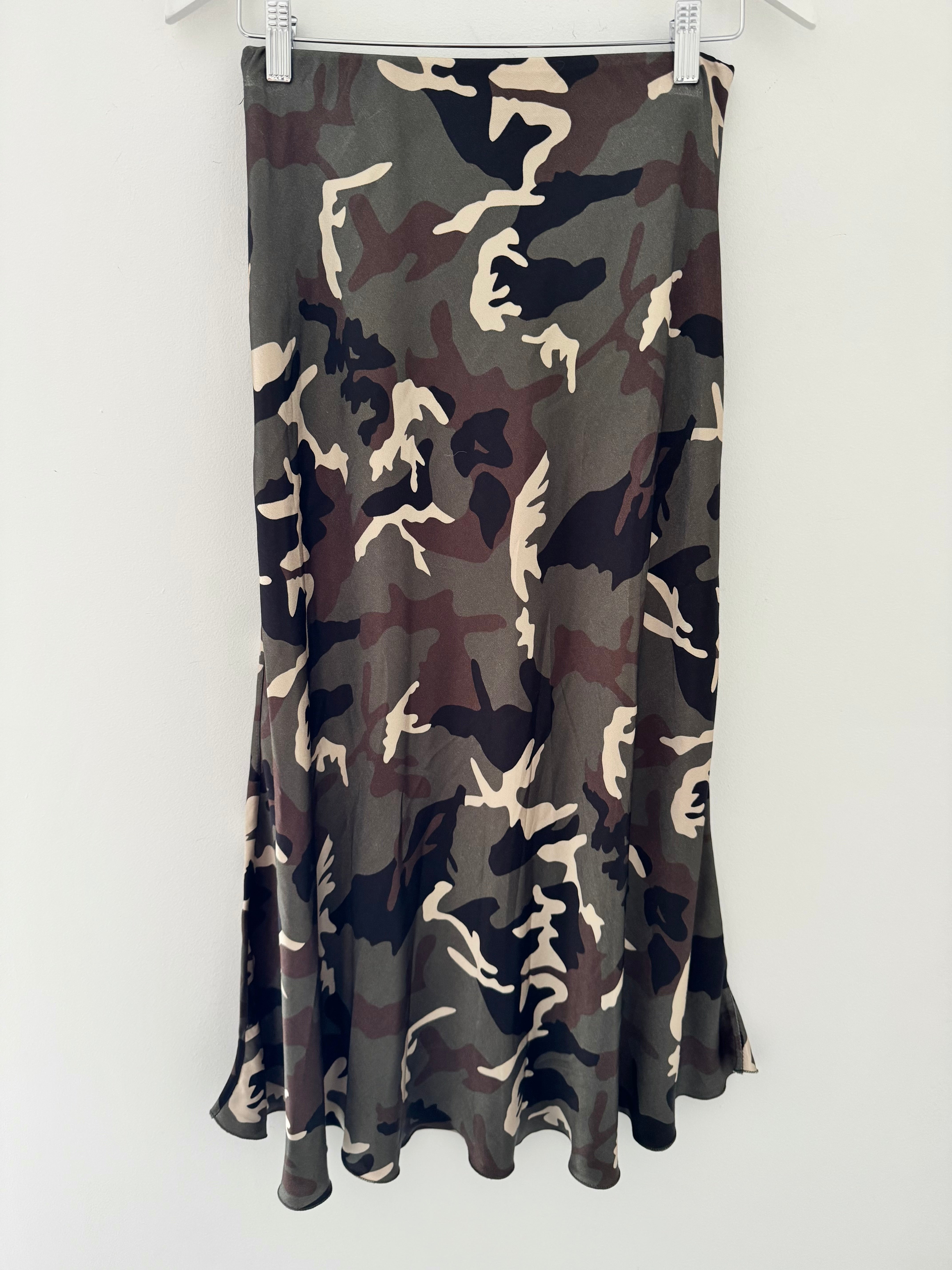 Satin Slip Skirt in Khaki Camo