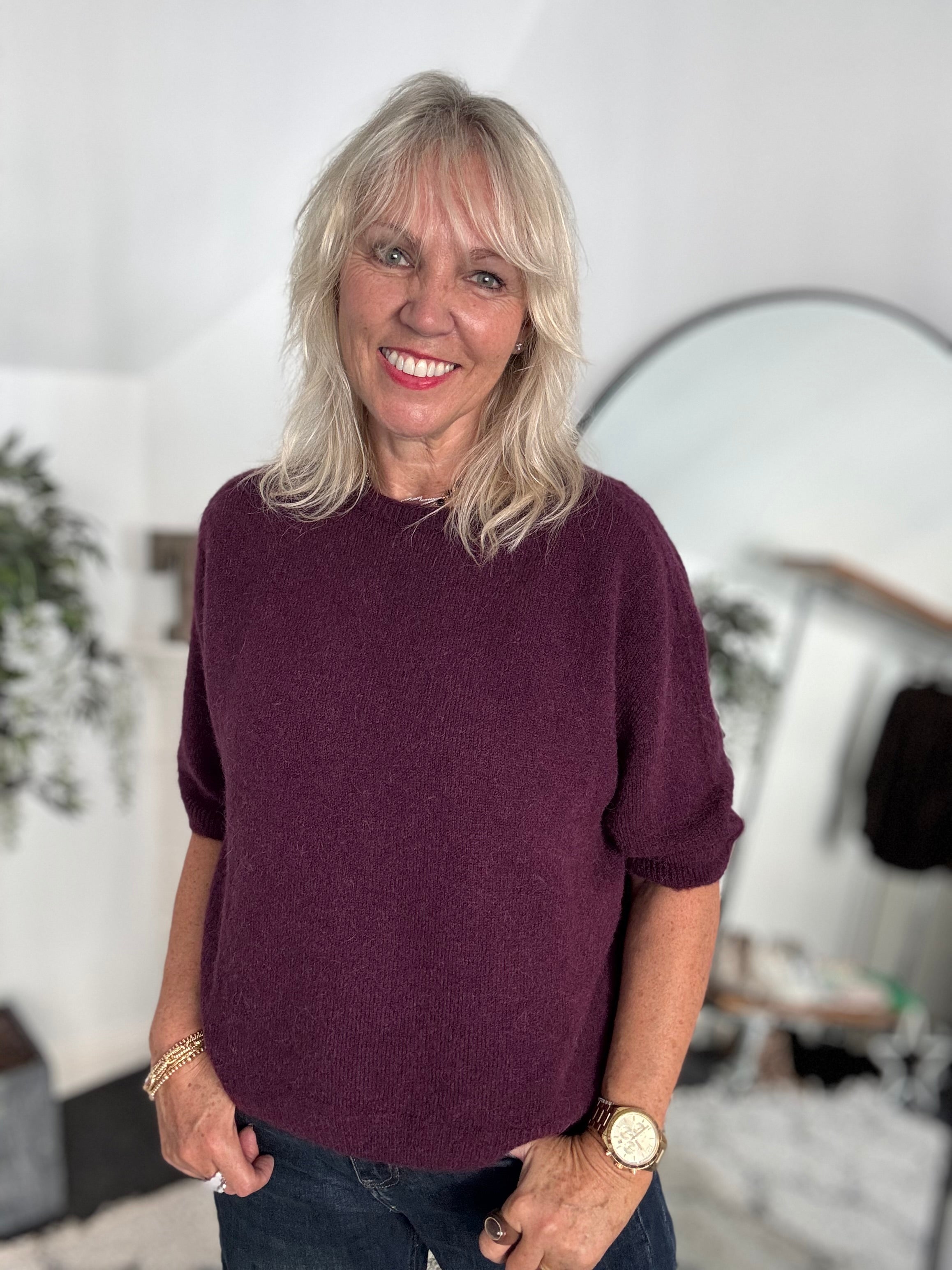 Short Sleeve Slouchy Alpaca Jumper in Plum