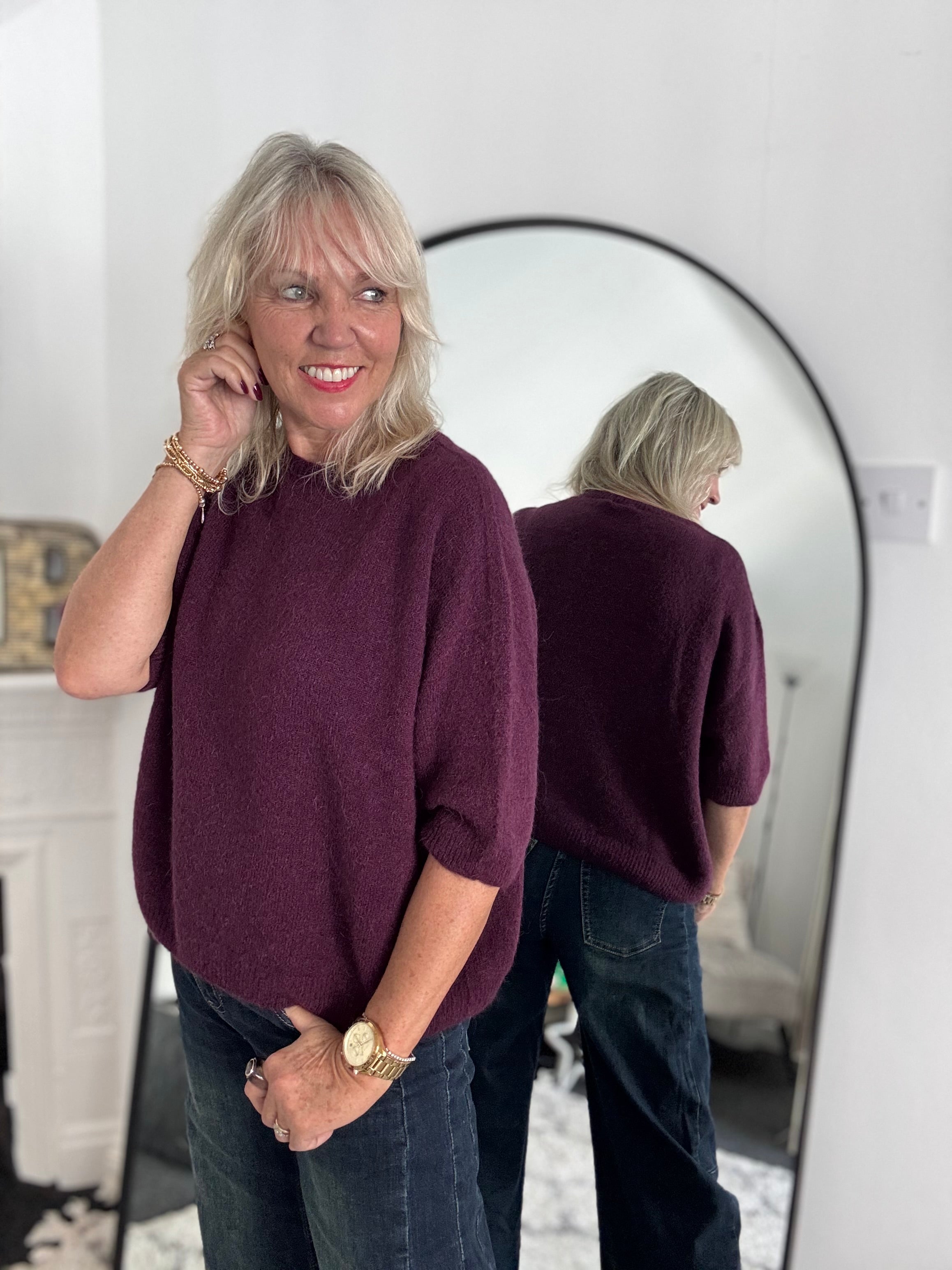 Short Sleeve Slouchy Alpaca Jumper in Plum