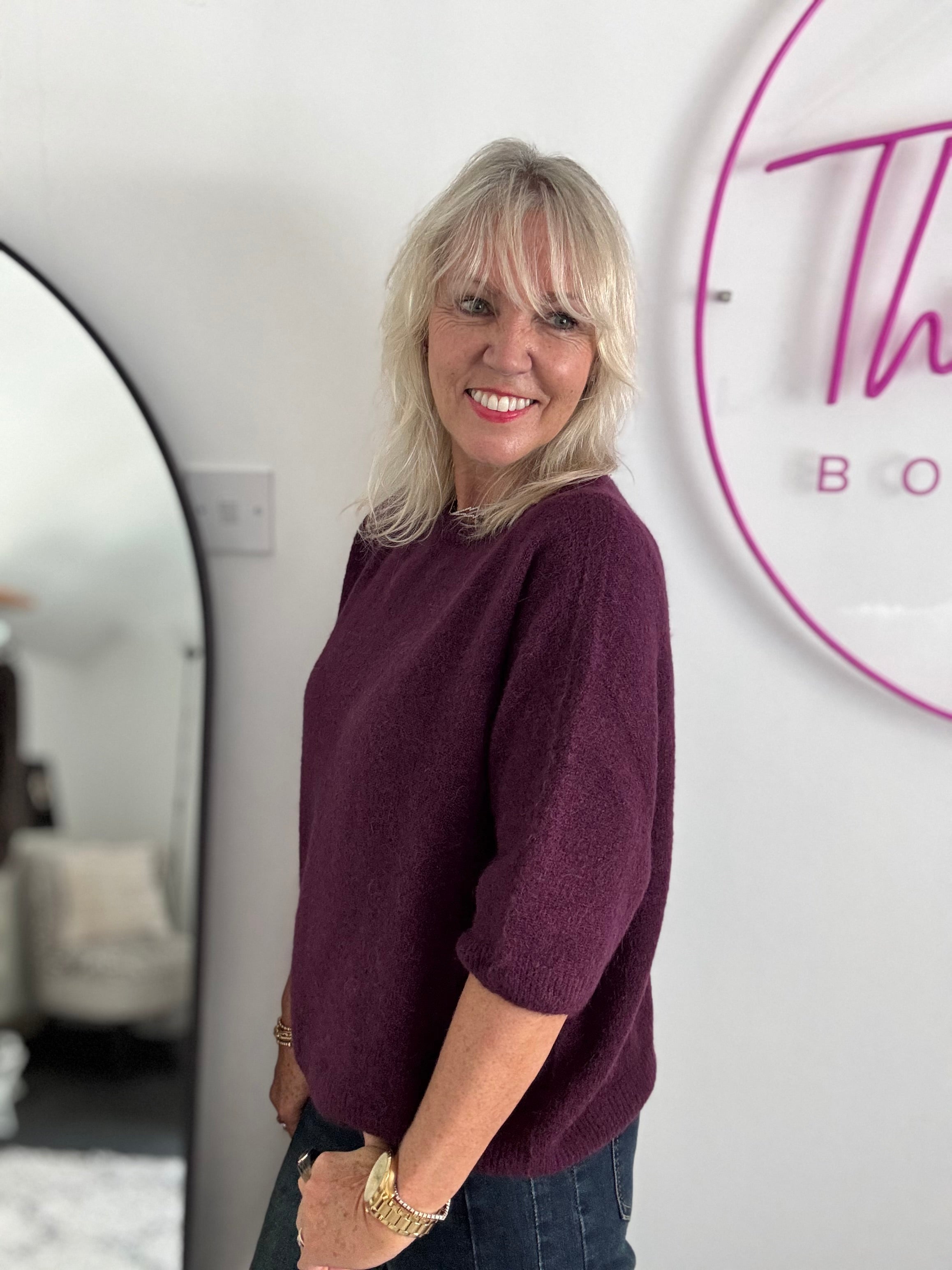 Short Sleeve Slouchy Alpaca Jumper in Plum