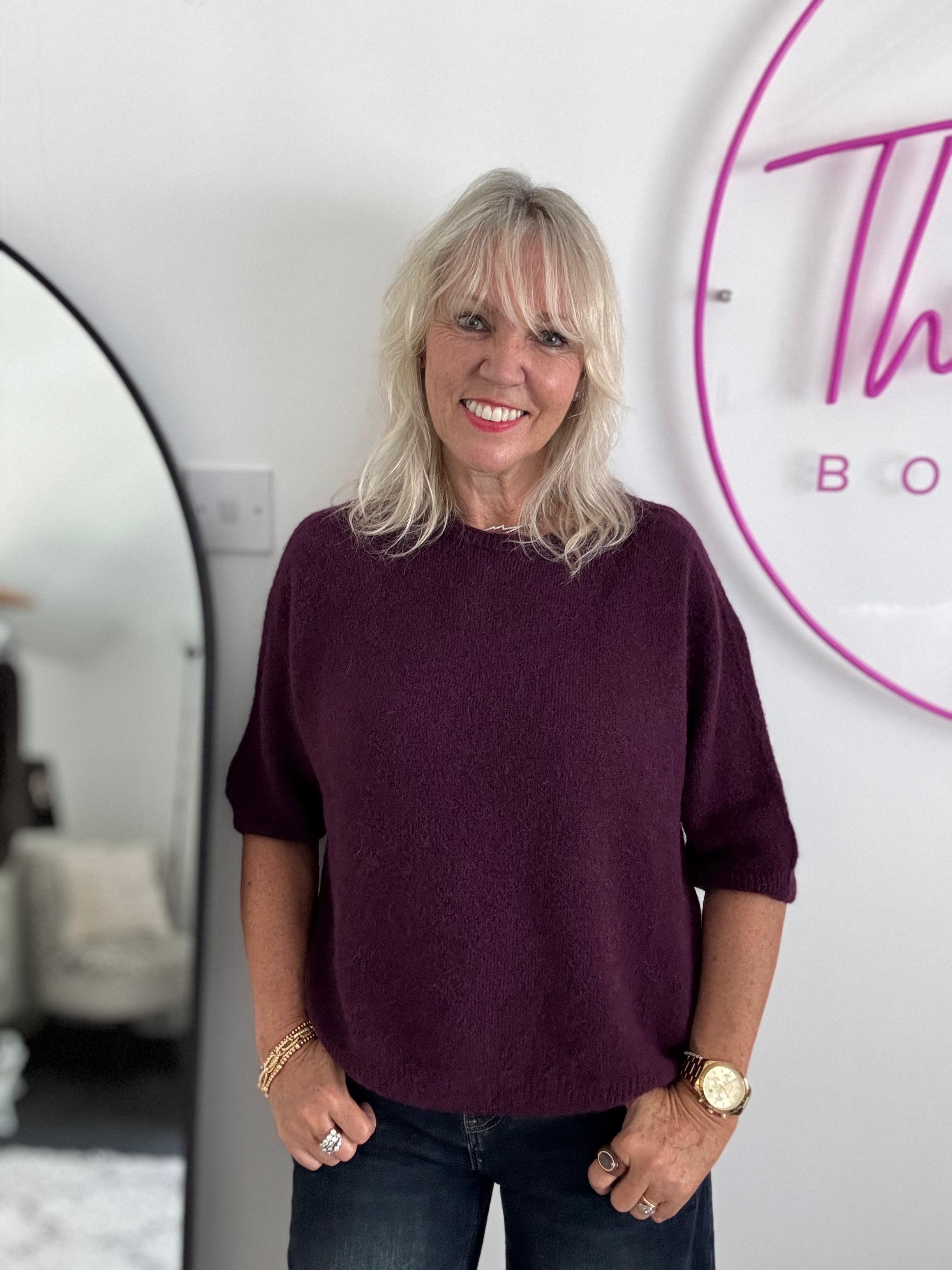 Short Sleeve Slouchy Alpaca Jumper in Plum