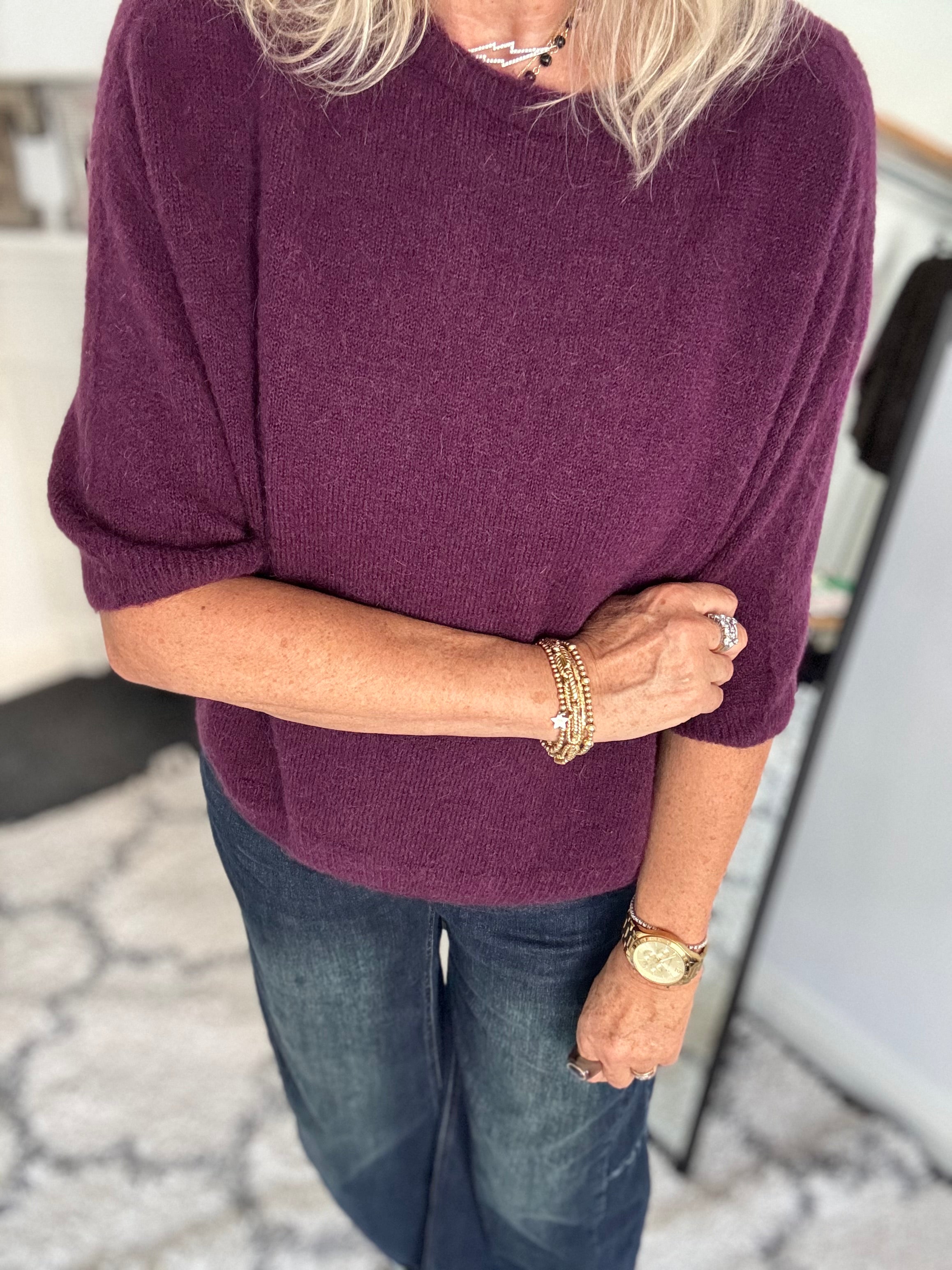 Short Sleeve Slouchy Alpaca Jumper in Plum