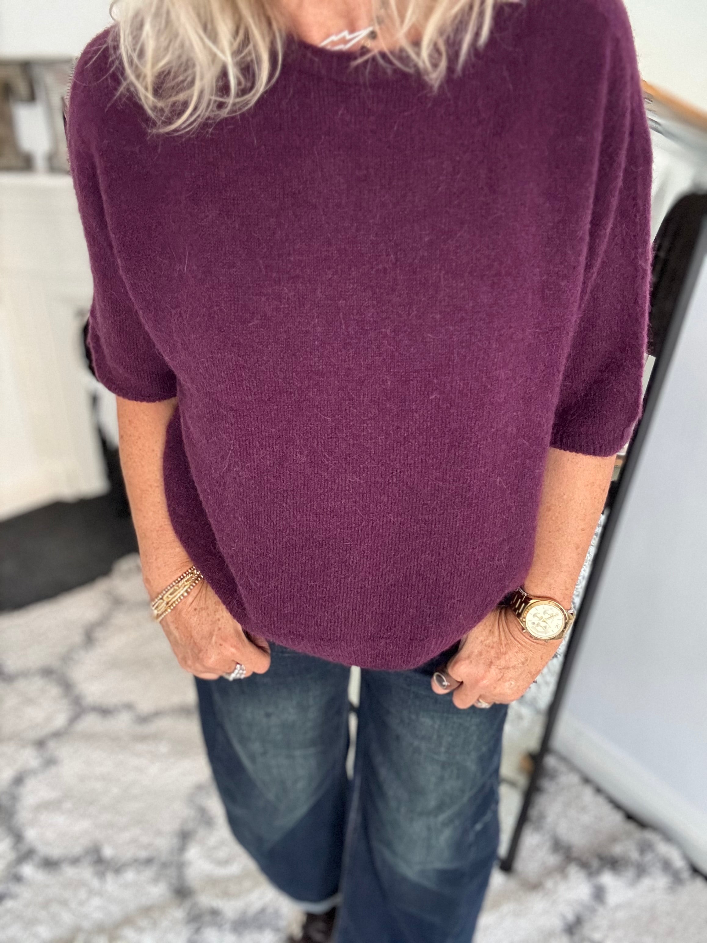 Short Sleeve Slouchy Alpaca Jumper in Plum