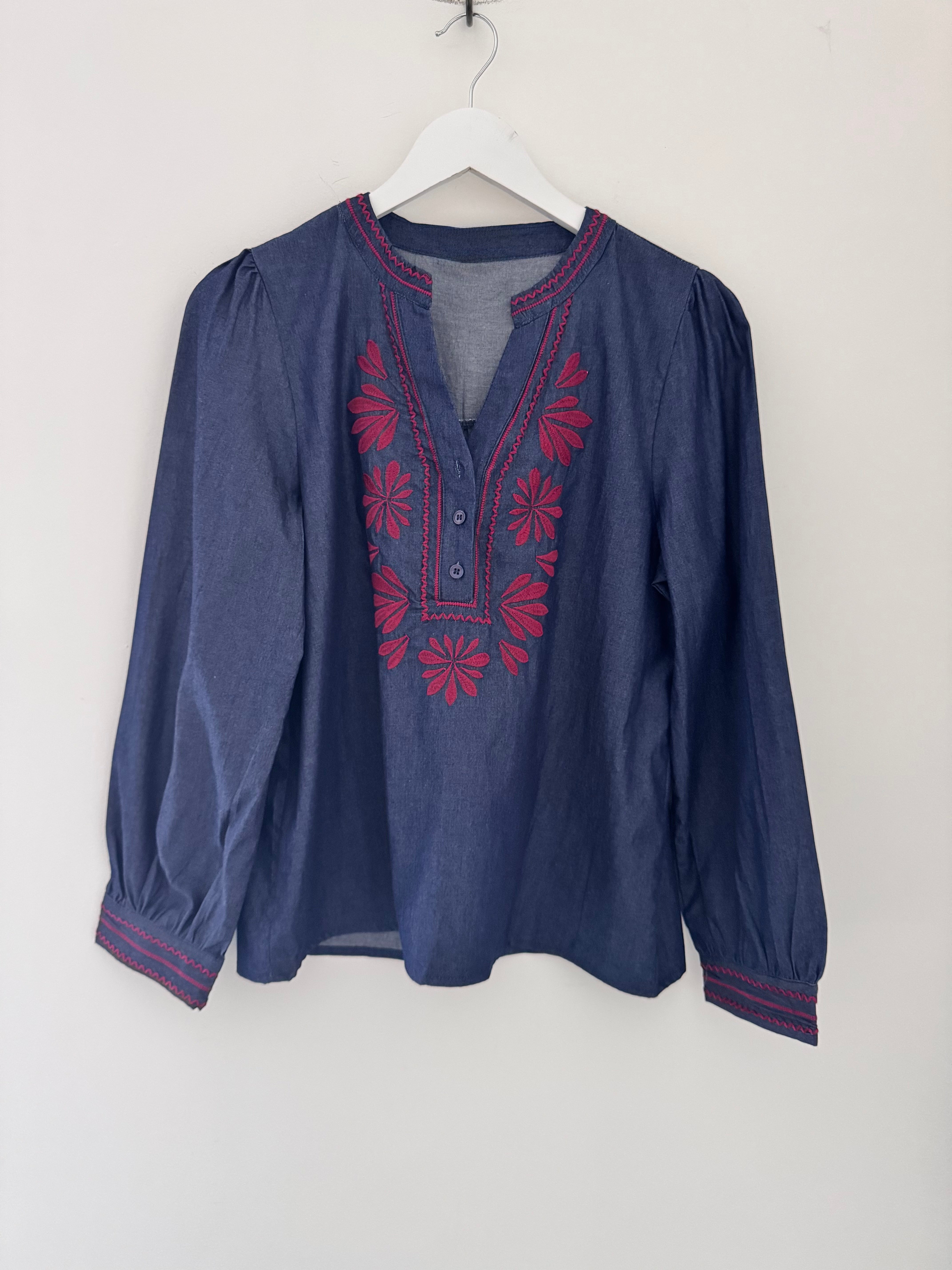 Denim Shirt with Plum Embroidery
