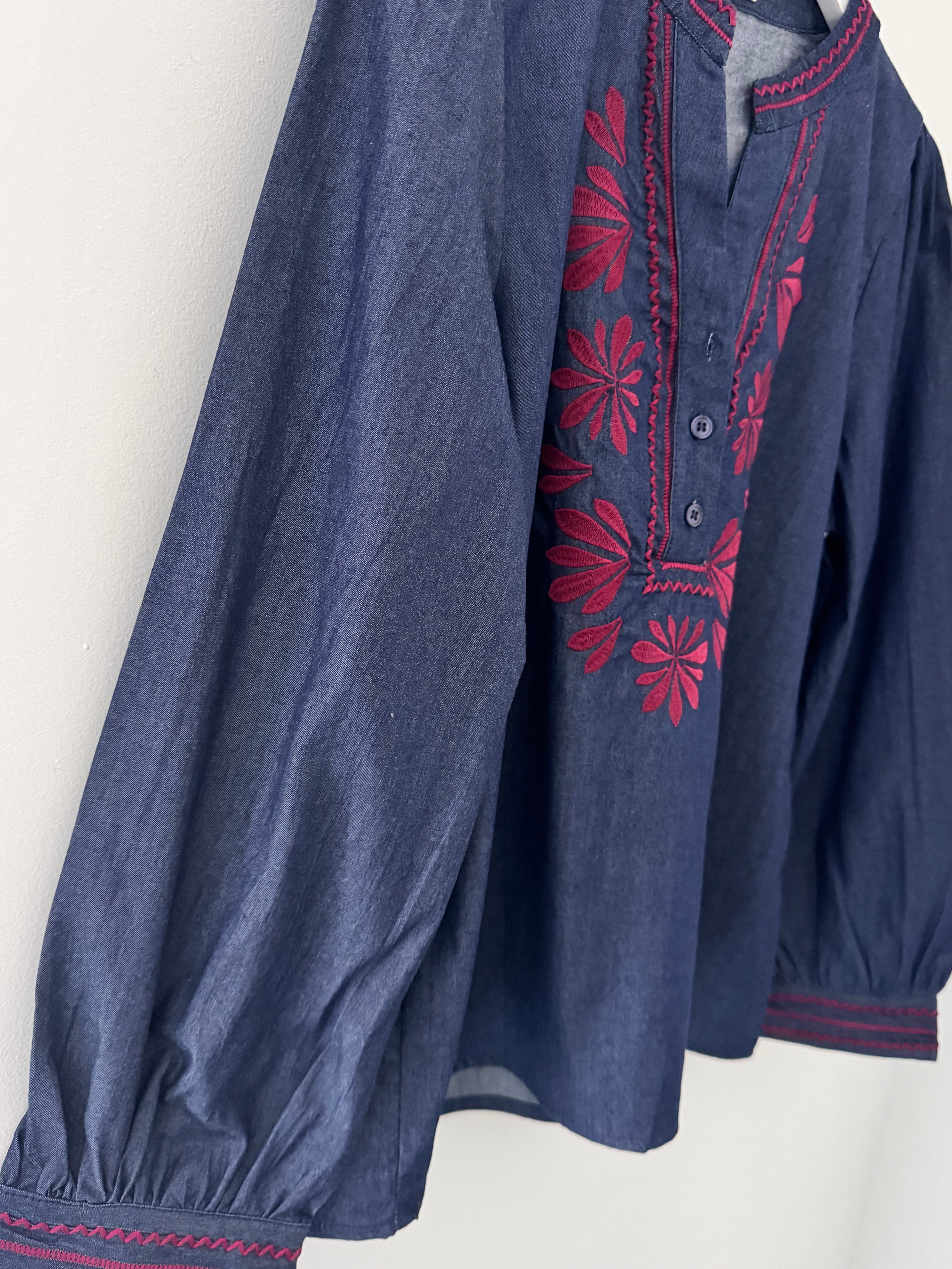 Denim Shirt with Plum Embroidery