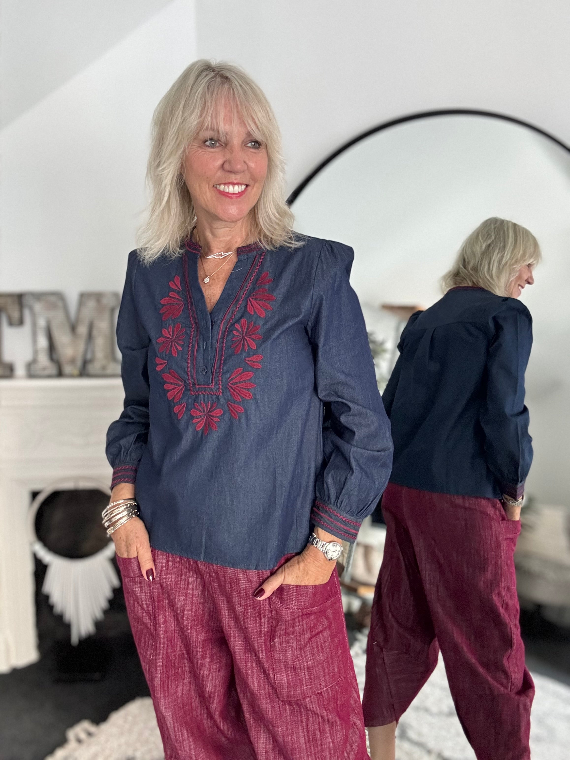 Denim Shirt with Plum Embroidery