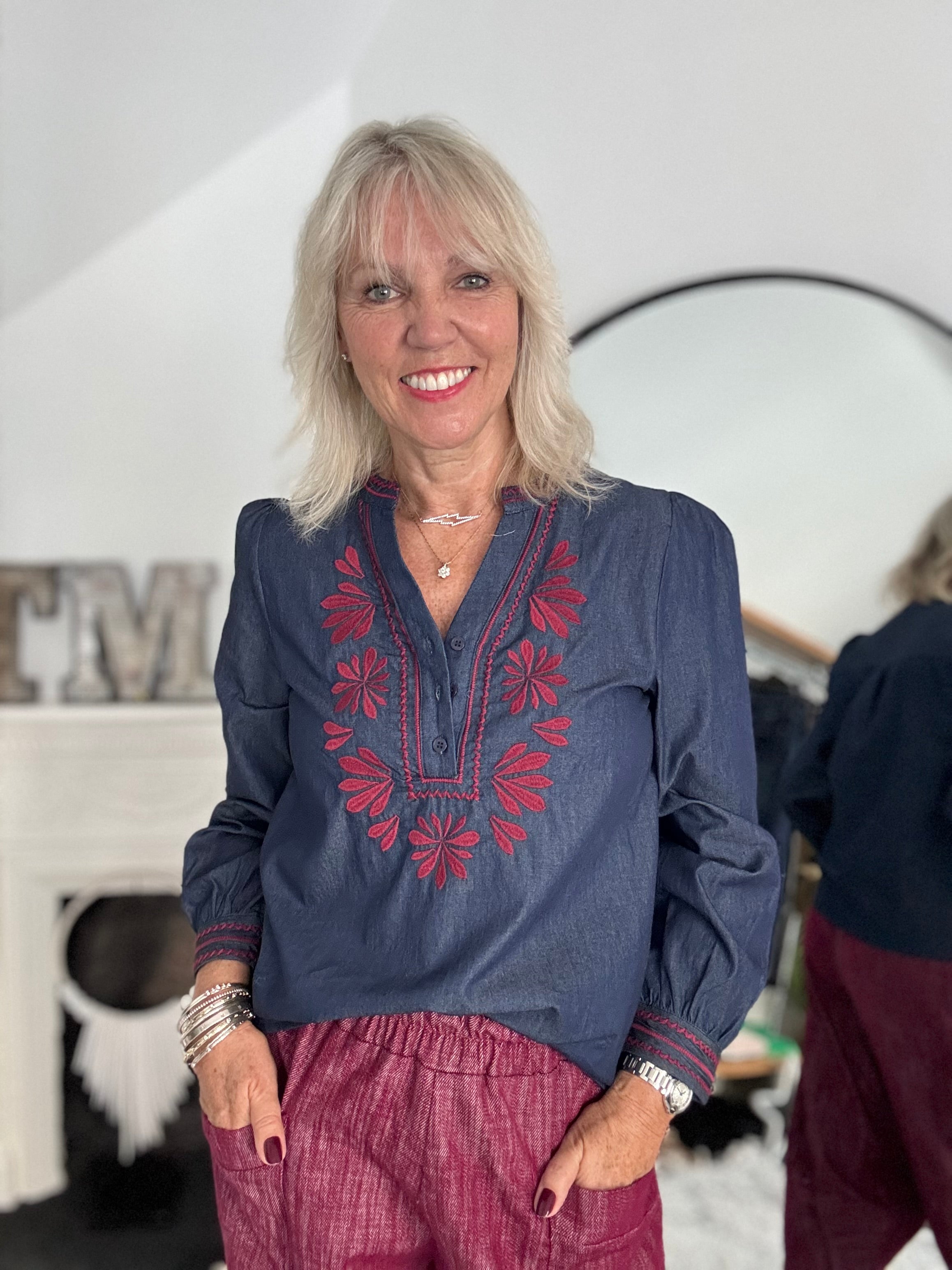 Denim Shirt with Plum Embroidery