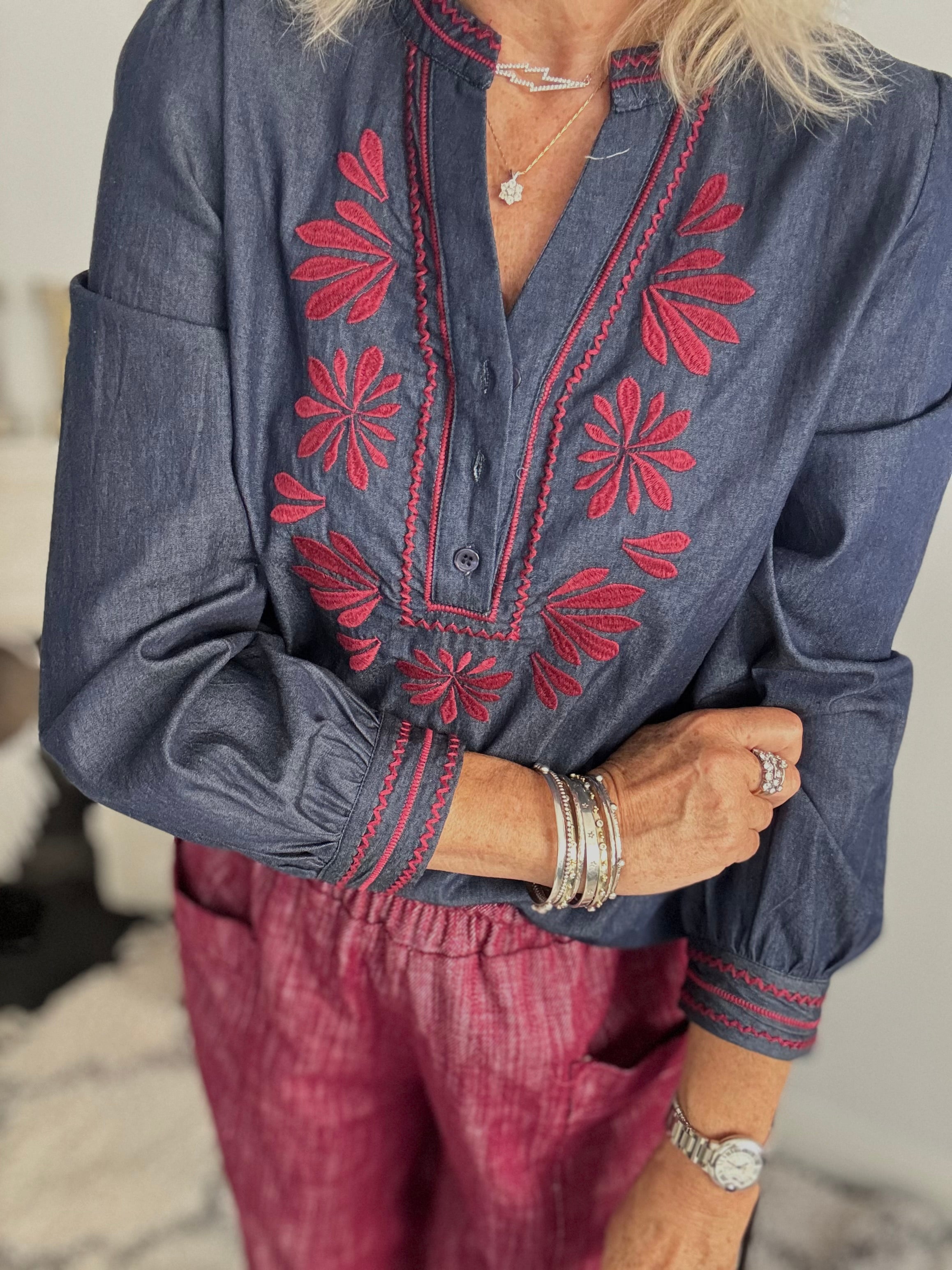 Denim Shirt with Plum Embroidery