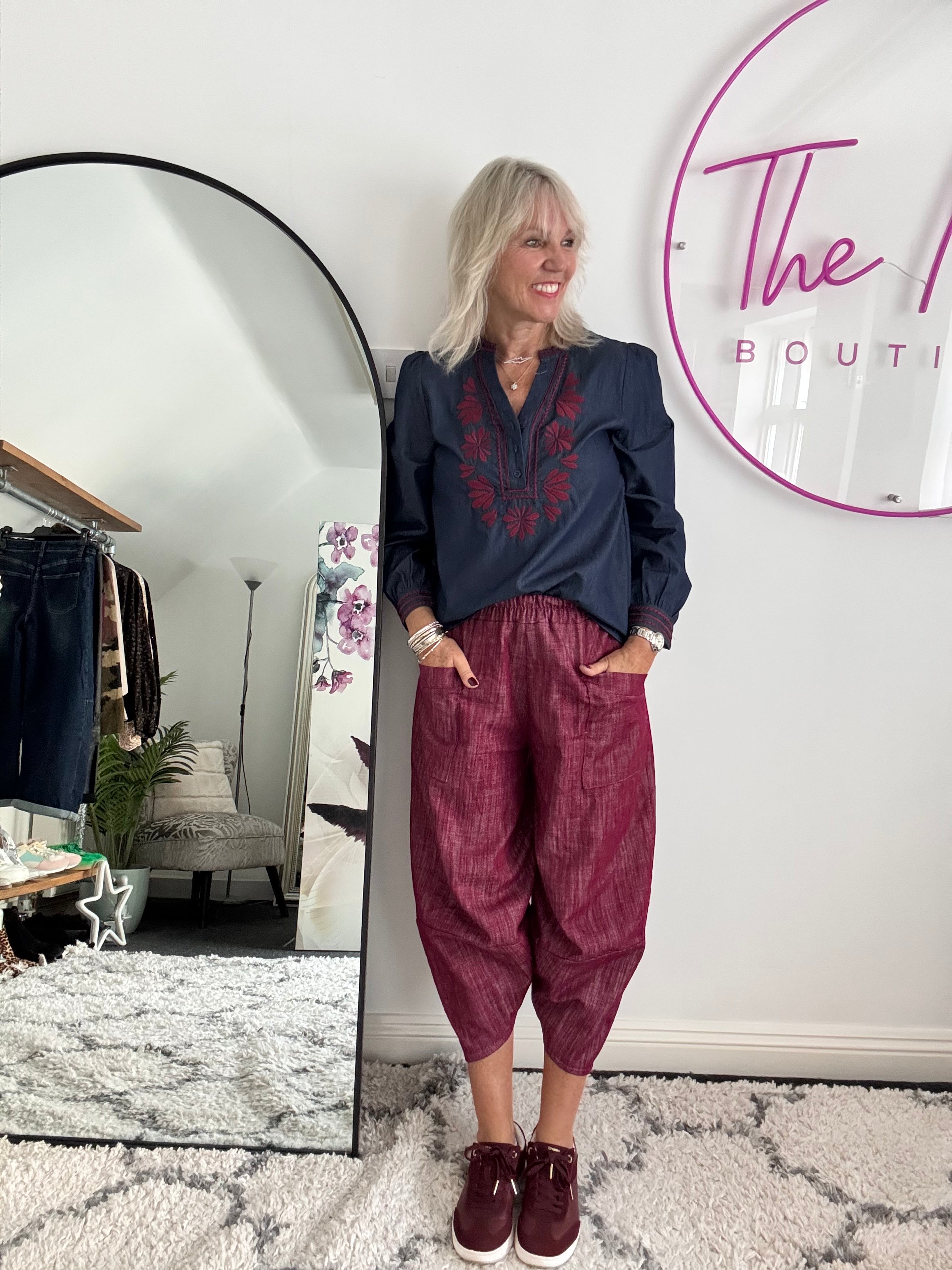 Denim Shirt with Plum Embroidery