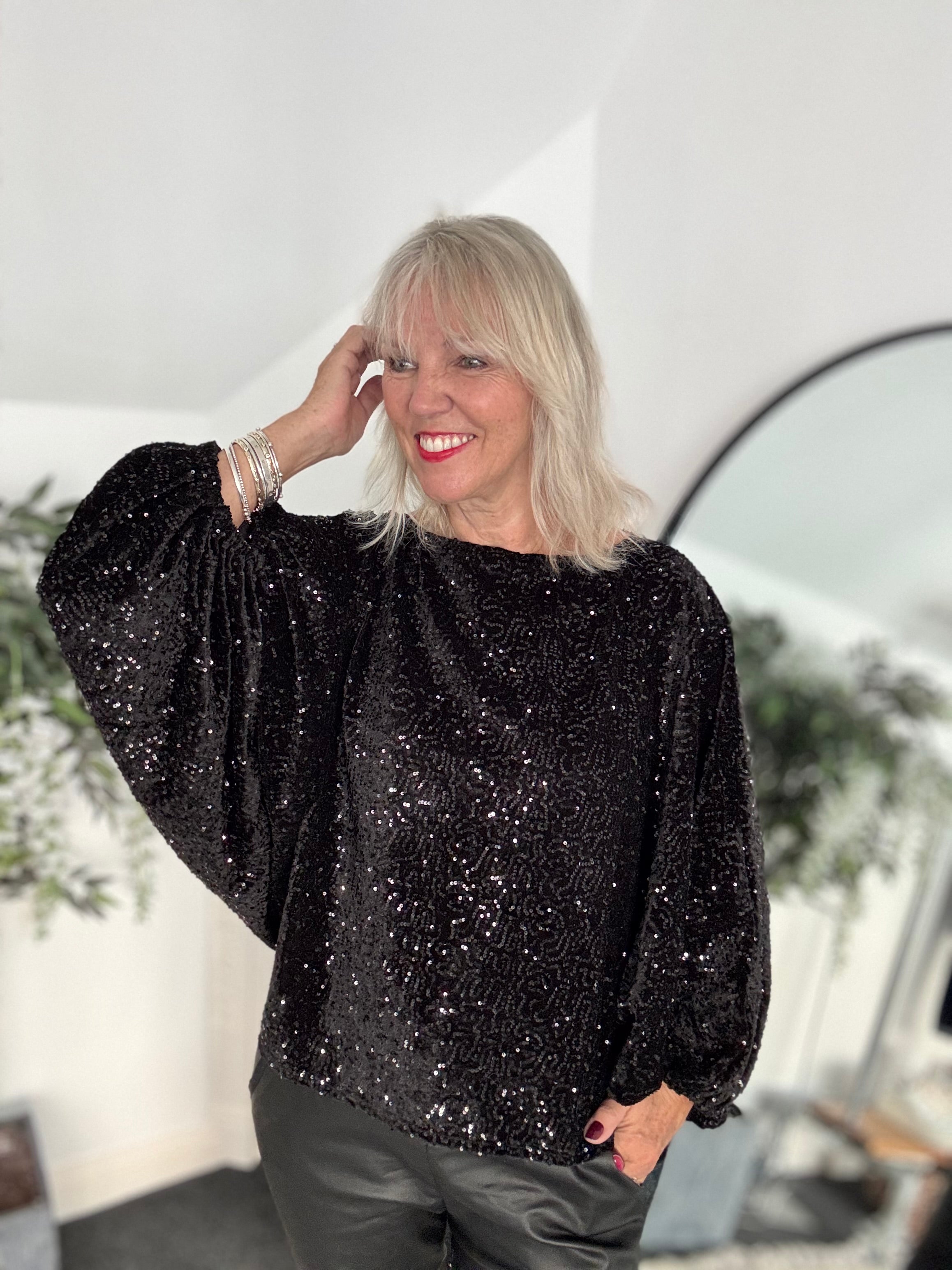 Sequin Velvet Top in Black