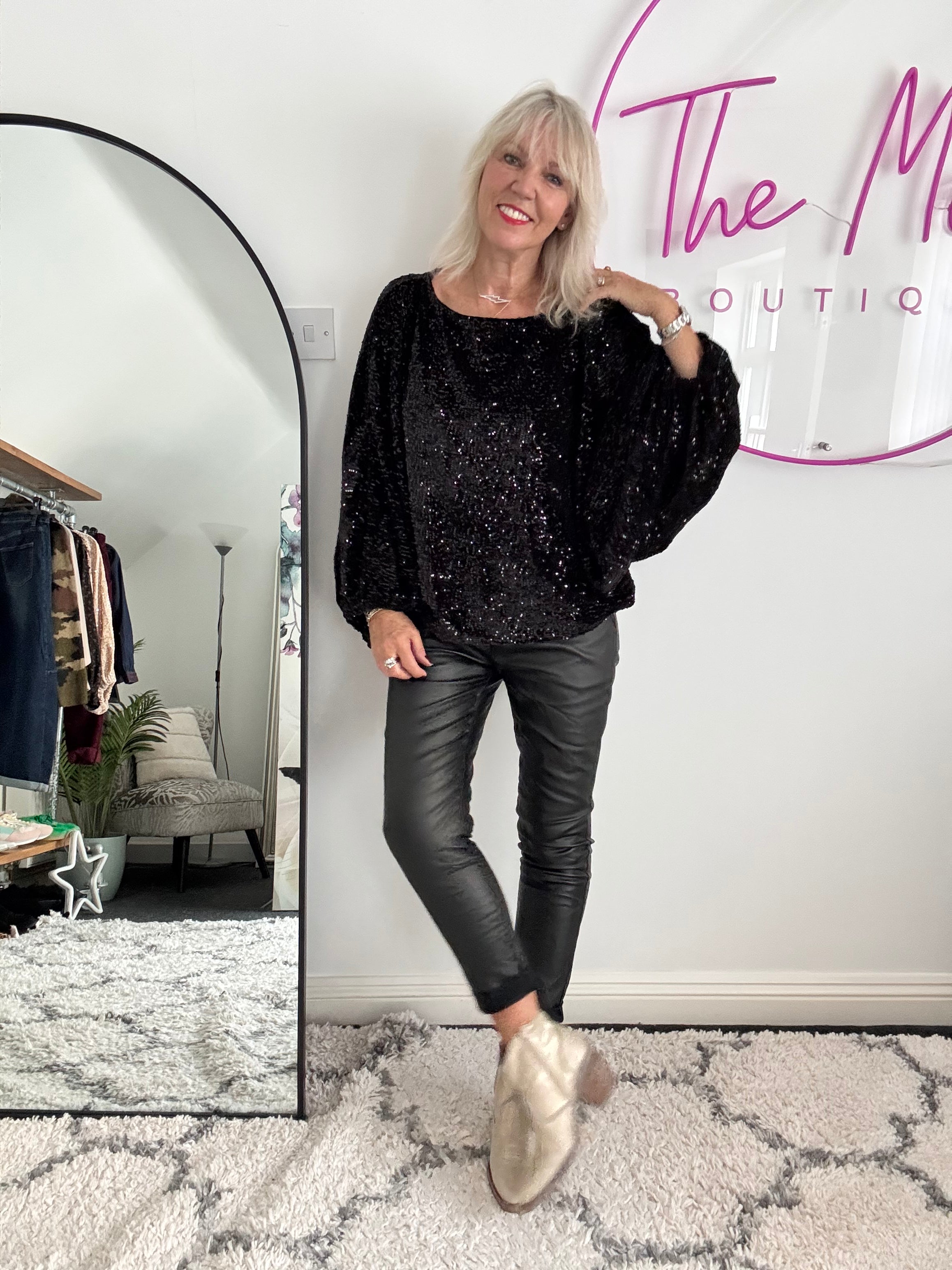 Sequin Velvet Top in Black